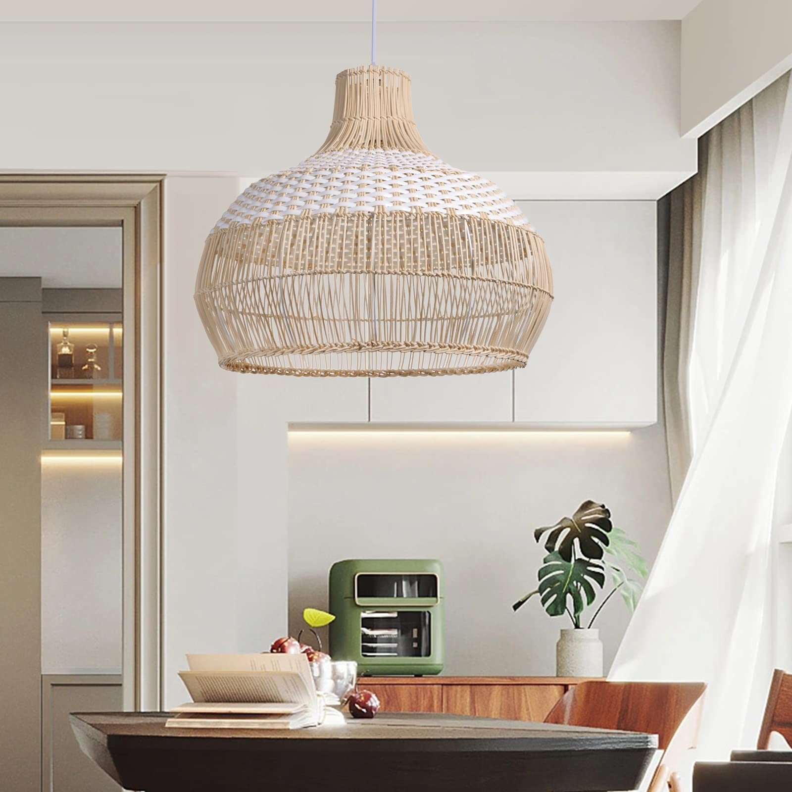 Arturesthome 1-Light White Rattan Pendant Light - Handmade Woven Wicker Chandelier for Kitchen Island, Dining Room & Bedroom Lighting - Boho Ceiling Lamp with Natural Fiber Shade