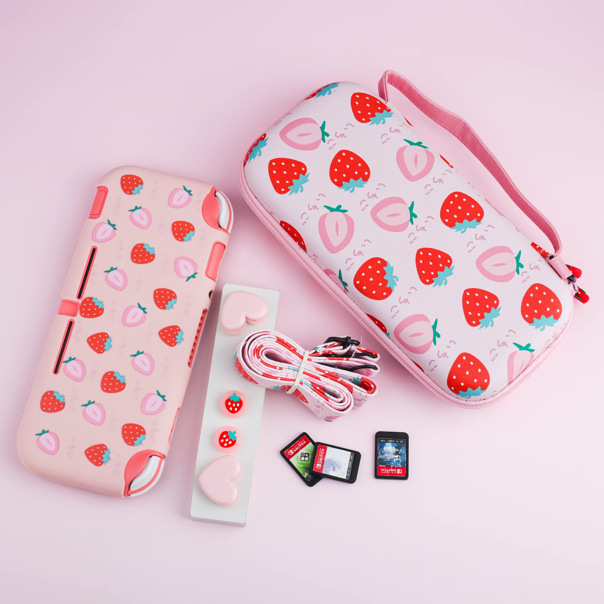 **FUNDIARY Nintendo Switch Lite Carrying Case - Pink Strawberry Design, Slim Portable Storage Bag with Soft TPU Cover, Shoulder Strap, Screen Protector & 2 Thumb Grips - Perfect for Travel, Gaming On-The-Go & Protective Storage**