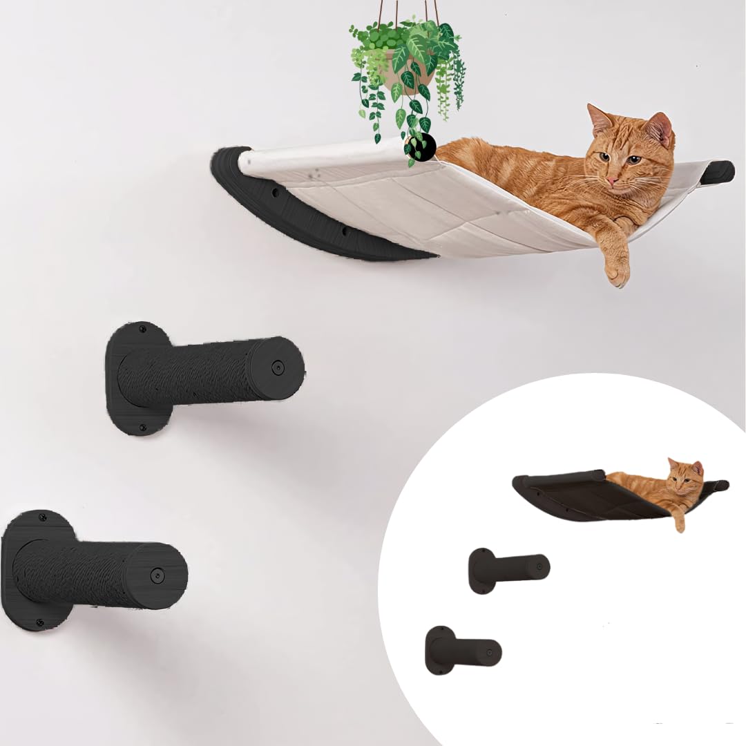 Premium M-95 Wall-Mounted Cat Shelves Set - Elevated Cat Hammock, Cozy Bed & Perch with 2 Steps - Perfect for Climbing, Lounging, Playing & Sleeping - Modern Cat Wall Furniture for Small & Large Cats (Black) - Ideal for Apartments, Pet-Friendly Homes & Multi-Cat Households