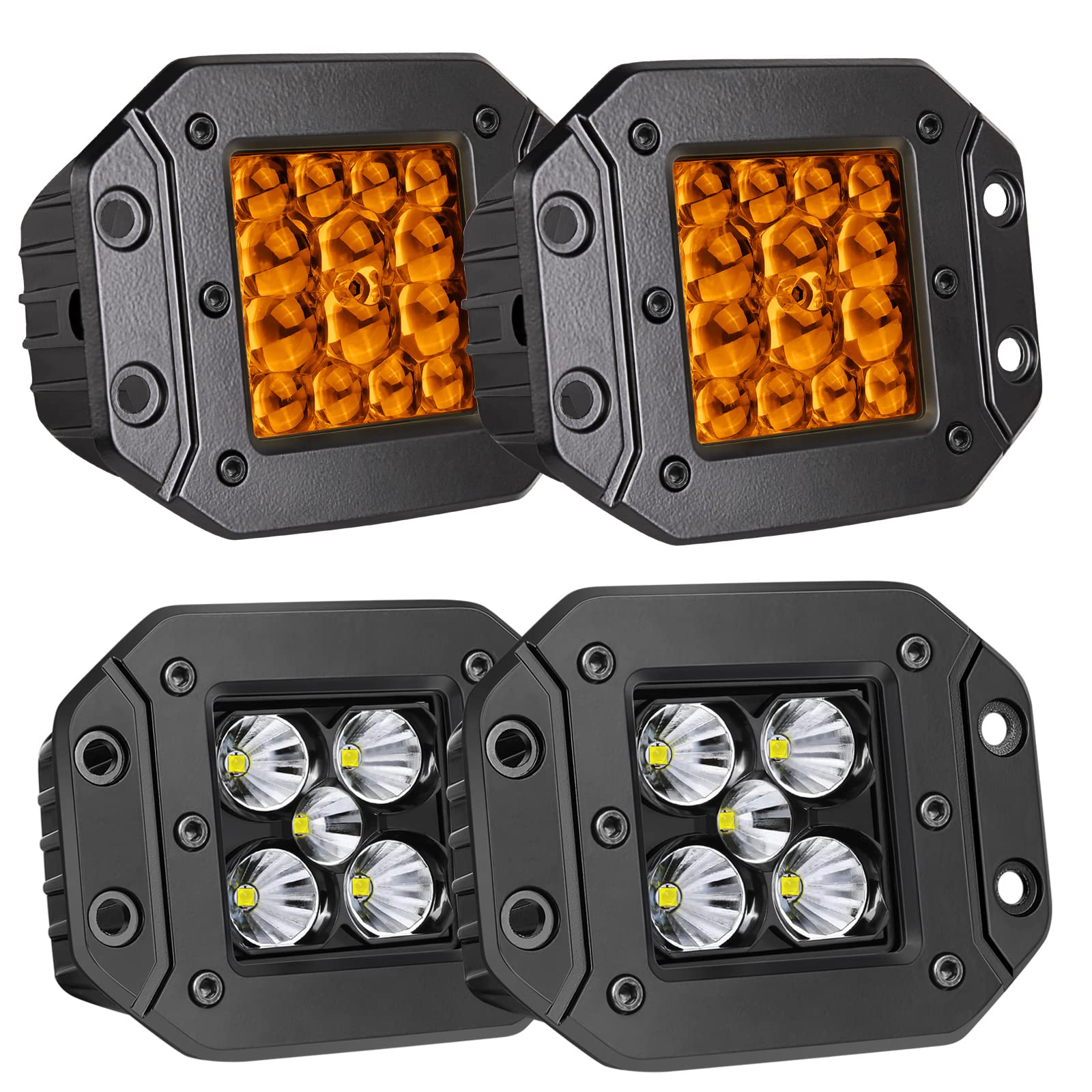 AKD 2PCS Amber Flush Mount LED Pods & 2PCS LED Driving Lights - Waterproof Off-Road Bumper Fog Lights for Trucks, SUVs, UTVs, ATVs | Perfect for Night Driving, Trail Adventures & Off-Roading