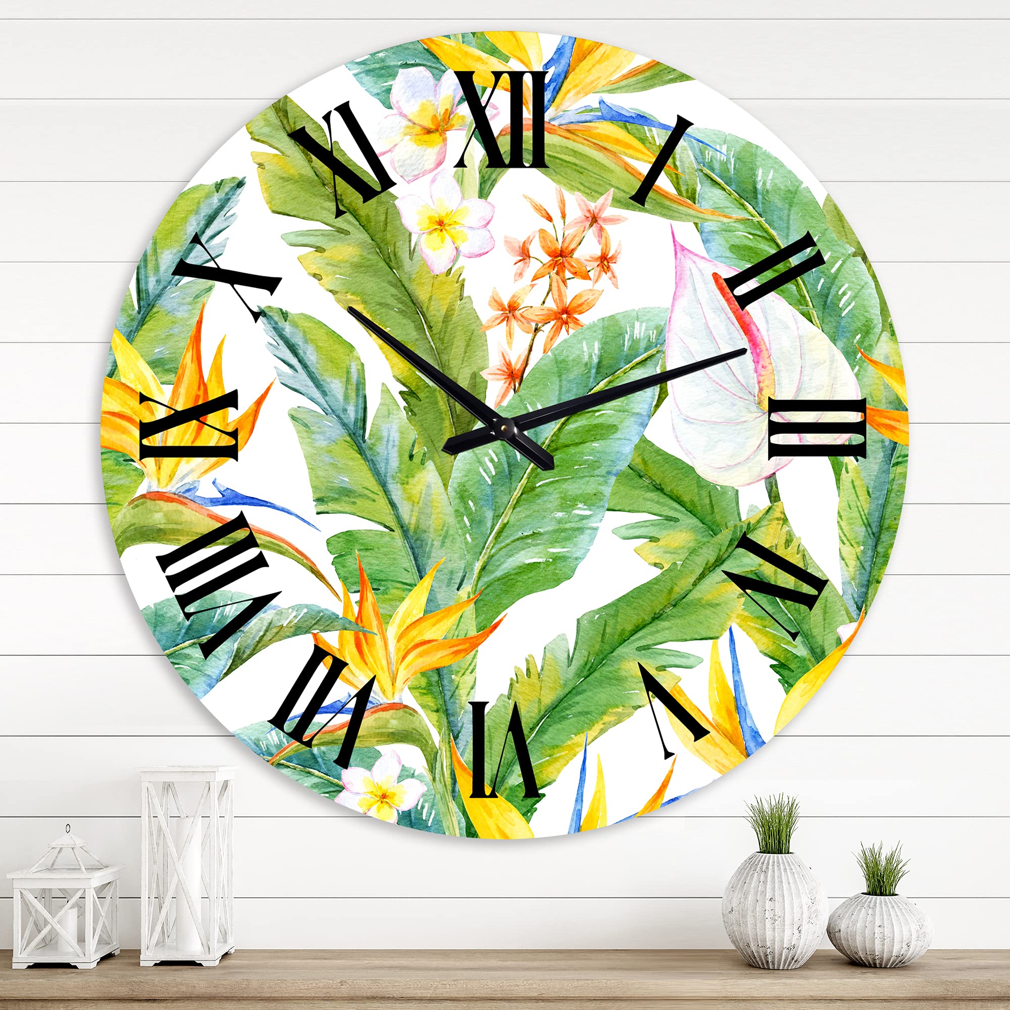 DesignQ Modern Wall Clock 'Tropical Foliage and Yellow Flowers II' - Large Floral Botanical Wall Clock for Kitchen, Living Room, Bedroom & Office Decor - Perfect for Home, Office and Gift Giving