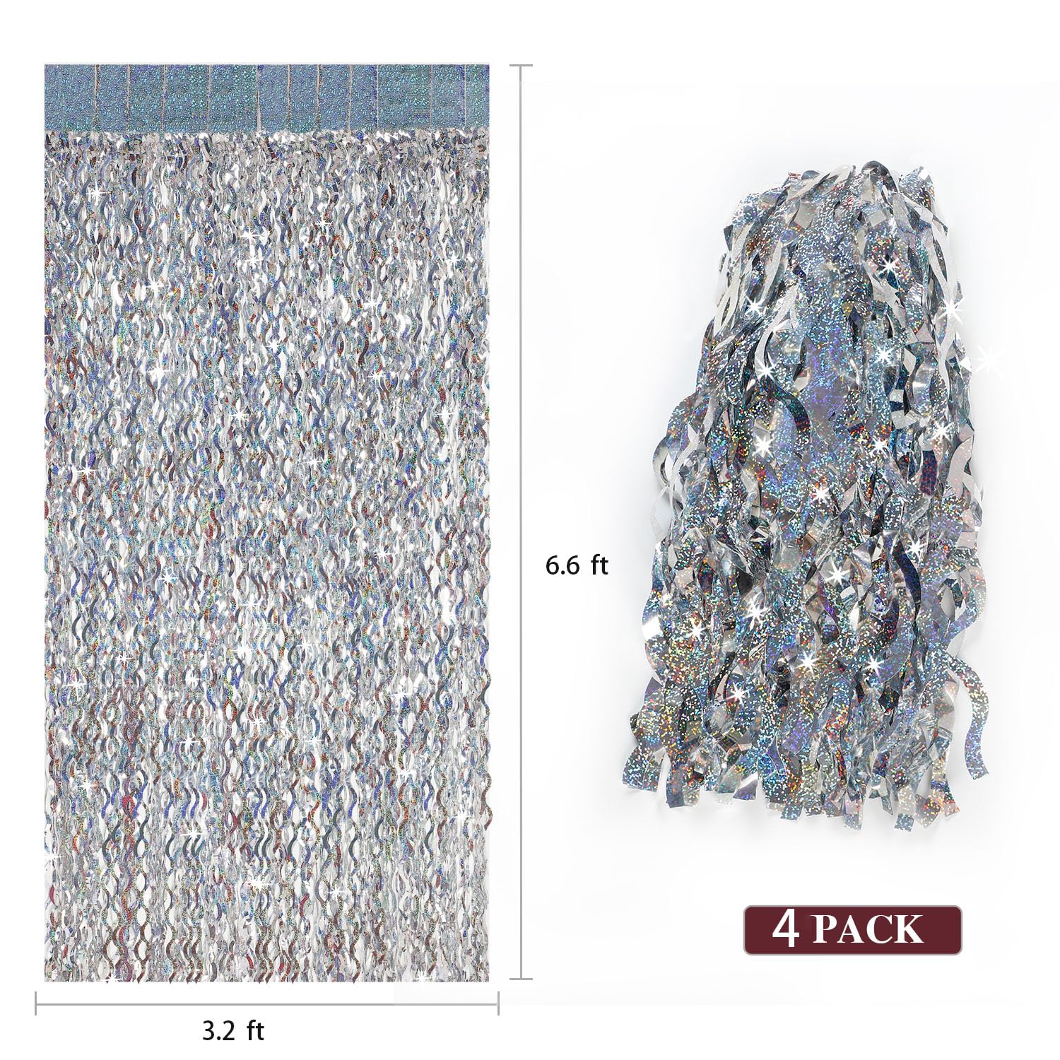 4 Pack Silver Tinsel Backdrop - 3.3 ft x 6.6 ft Metallic Foil Fringe Curtains for Photo Booth, Bachelorette Party, Birthday Decor - Perfect for Wedding, Baby Shower & Holiday Backgrounds