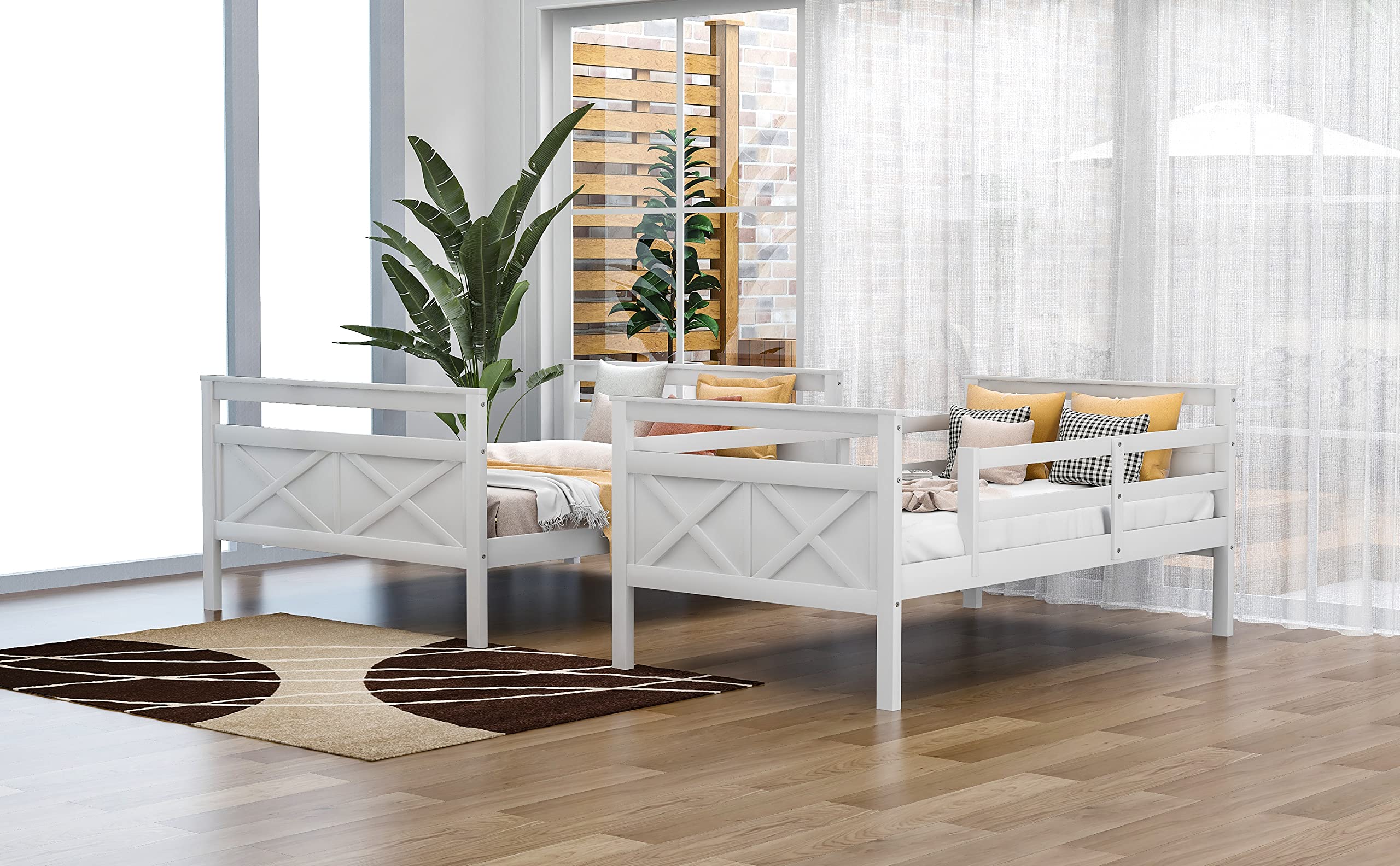 Solid Wood Twin Over Full Bunk Bed Frame with Ladder & Guardrail - Convertible to Separate Twin/Full Size Beds - No Box Spring Needed - Perfect for Kids Rooms, Guest Rooms & Space-Saving Bedroom Solutions (White)