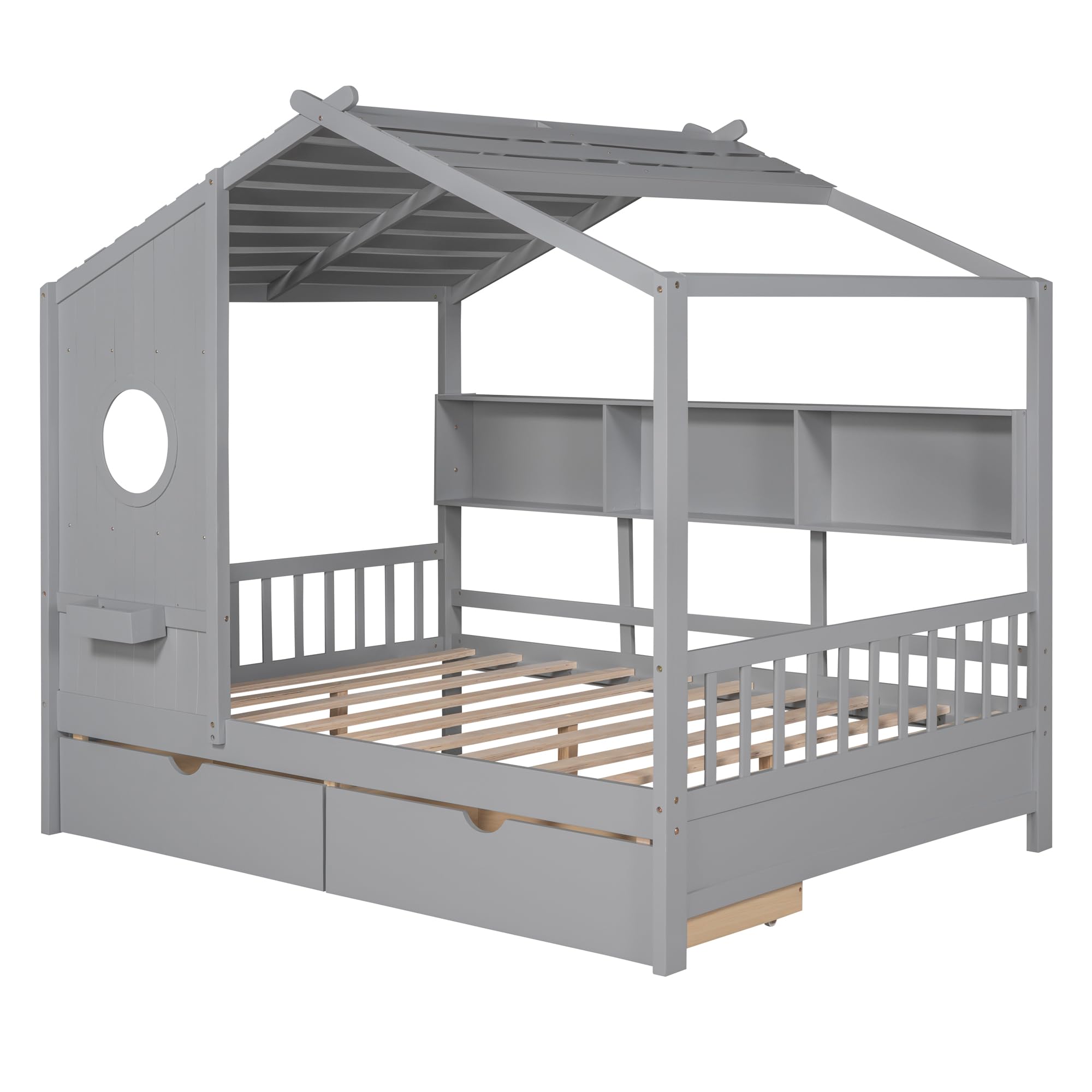 MERITLINE Full Size House Bed for Kids - Wooden Bed Frame with 2 Storage Drawers, Built-in Shelf & Slat Support - No Box Spring Needed - Grey - Perfect for Kids' Bedroom, Playroom & Small Space Organization