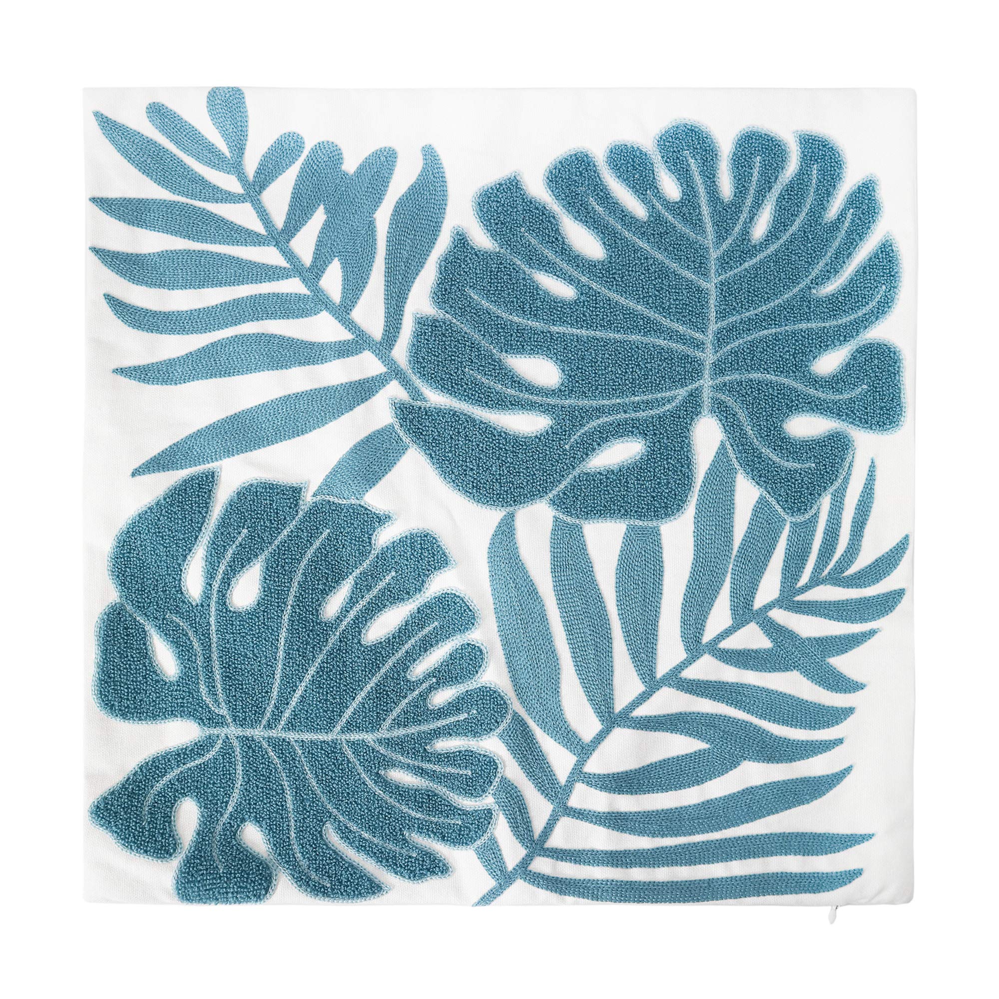 18x18 Light Blue Tropical Leaf Embroidery Throw Pillow Cover - 100% Cotton Cushion Cover for Sofa, Couch & Floor - Monstera Leaf Design Home Décor - Perfect for Living Room, Bedroom & Boho Style Decor (1 Piece)