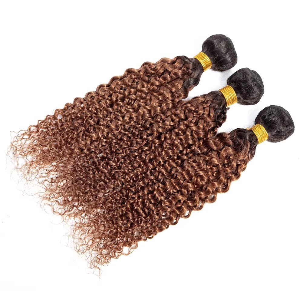 FEEL ME Kinky Curly Ombre Human Hair Bundles 1B/30 - Black to Brown Brazilian Virgin Hair Weave (3 Bundles, 12 14 16 Inch) - Unprocessed Deep Curly Hair Extensions for Natural Look & Styling Versatility | Perfect for Daily Wear, Parties & Special Occasions