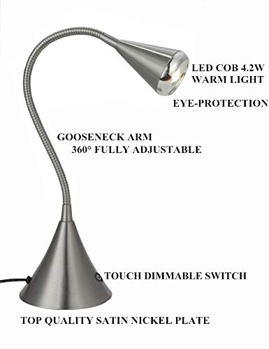 HomeFocus - 5W LED Desk Lamp with 3000K Warm White Light, Touch Dimmable 3 Modes, Eye-Caring Reading & Night Light, Satin Nickel Metal Design - Perfect for Home Office, Study, Bedside Table, and Dorm Room Lighting