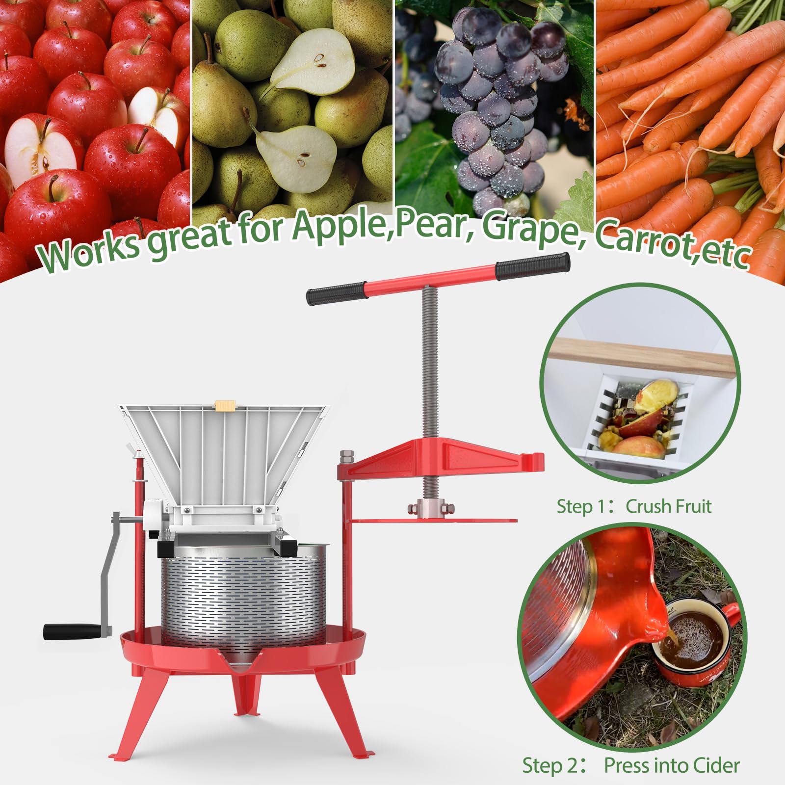 Premium 7L Manual Fruit & Apple Crusher with Stand - Heavy Duty Juicer Grinder for Wine, Cider & Juice Making - Portable Fruit Pulper Scratter (1.8 Gallon, Silver) - Perfect for Home Brewing, Orchards & Small Batch Processing