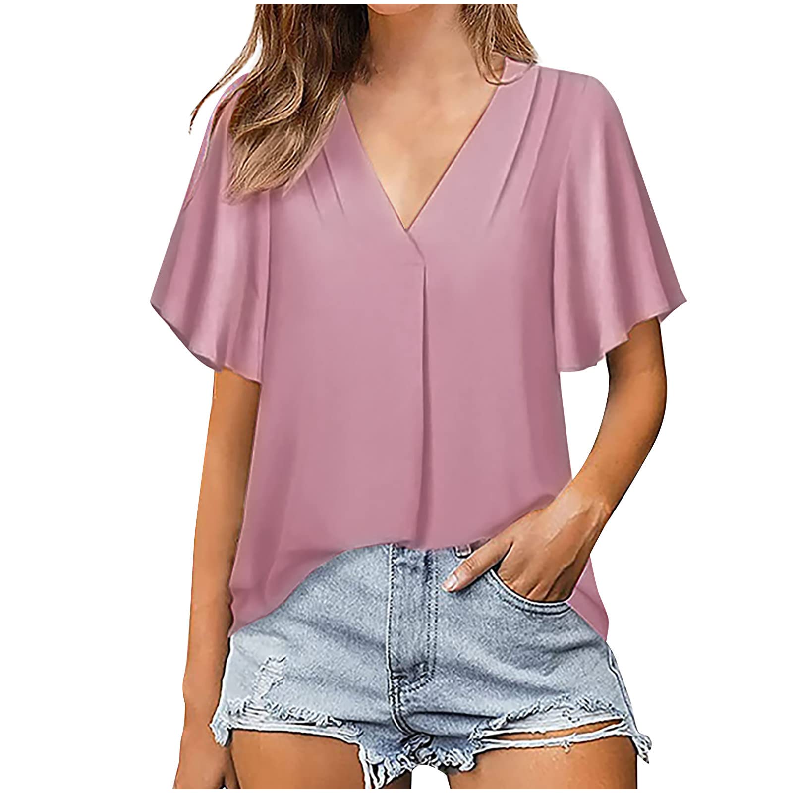 Women's Summer Short Sleeve V-Neck Casual Blouse - Loose Fit Solid Color T-Shirt Top for Beach, Office & Everyday Wear