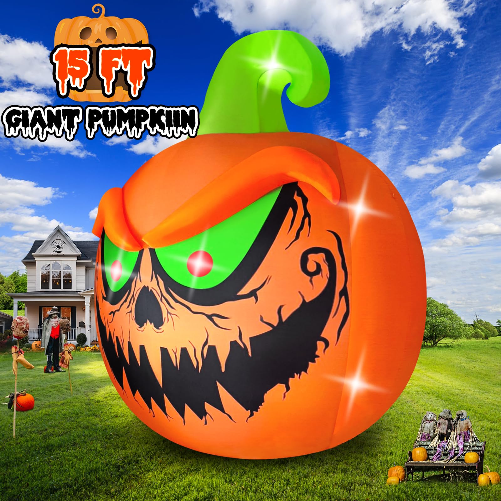 Kalolary 15 FT Giant Halloween Inflatable Pumpkin with Built-in LEDs - Outdoor Indoor Decor for Yard, Garden, Lawn & Party | Spooky Halloween Decoration for Home, Haunted House & Halloween Festivals