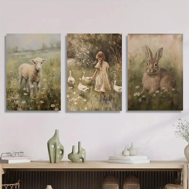 3-Piece Cute Animal & Pastoral Scenes Metal Wall Art - Ready to Hang Home Decor for Living Room, Bedroom, Office (Set of 3)