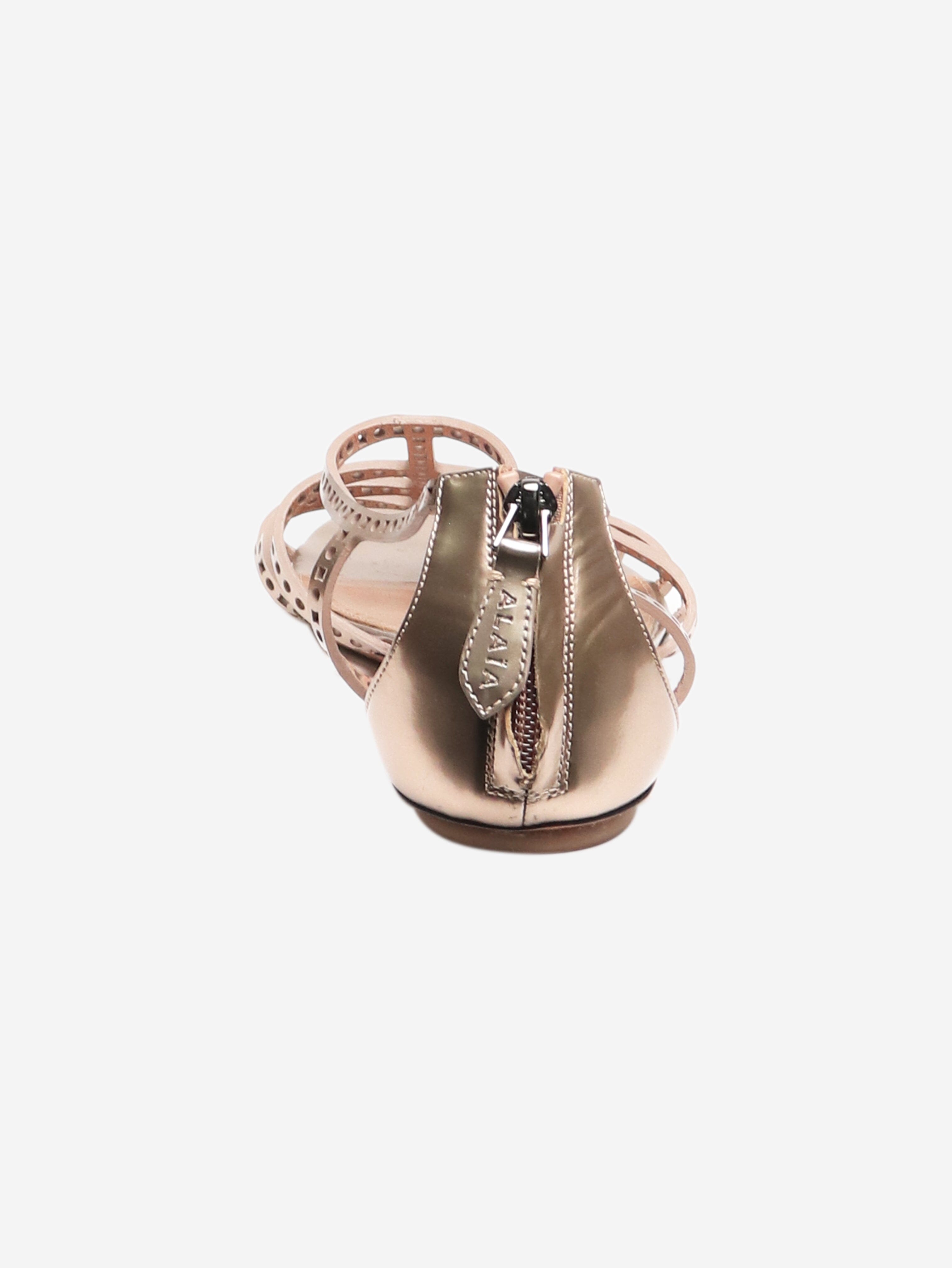 Bronze Leather Laser Cut Strap Sandals - Size EU 38.5 (US Women's 8) - Comfortable Summer Beach Wedding Casual Shoes