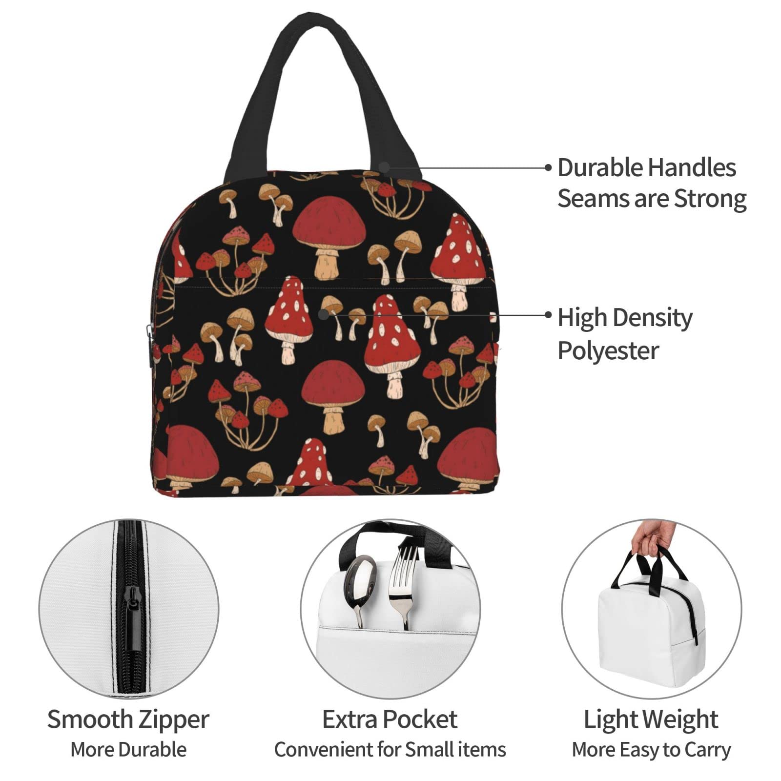 Insulated Lunch Box with Red Mushrooms Print - Reusable & Portable Meal Container for Men & Women - Perfect for Work, Travel, Picnic & Outdoor Activities