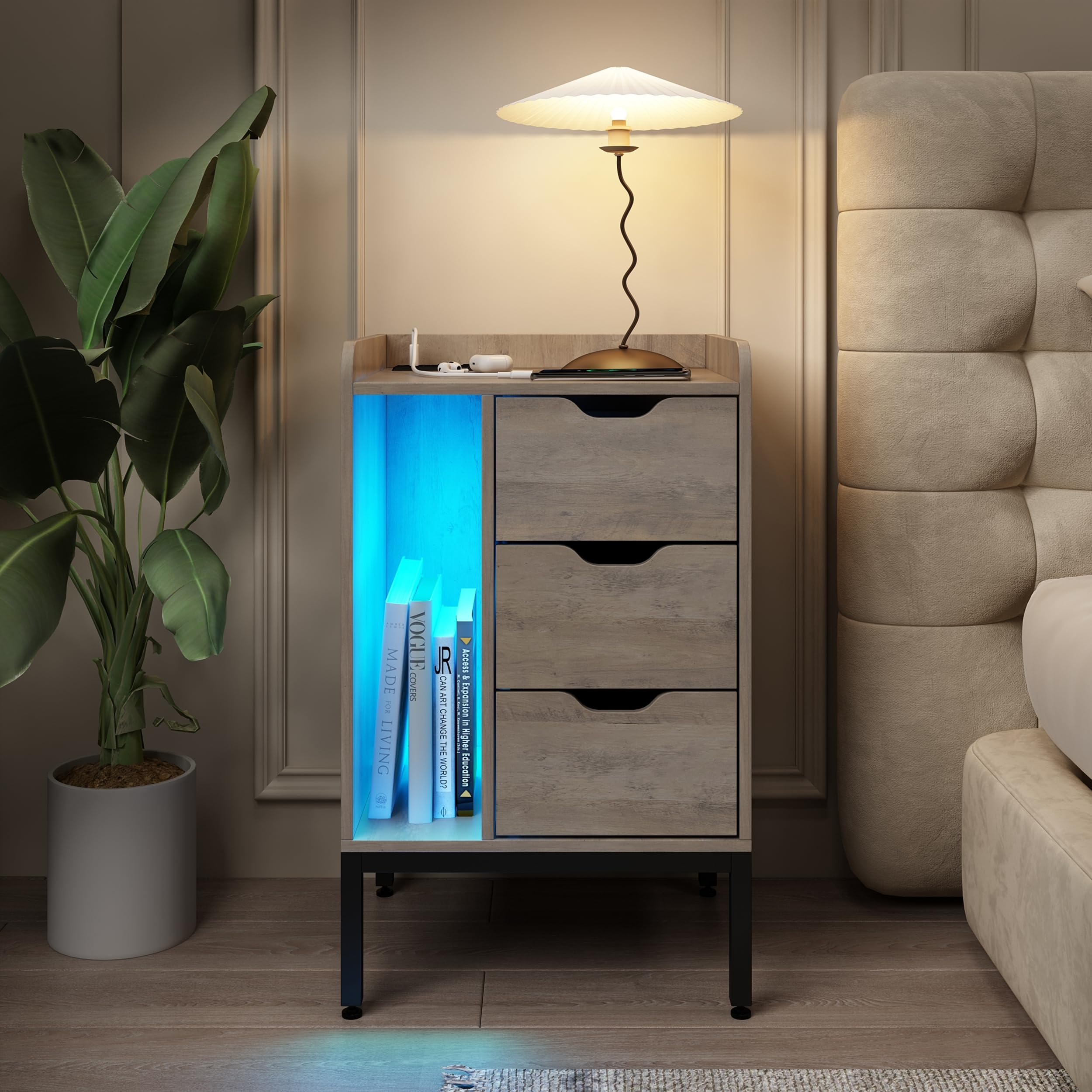 Modern Grey Nightstand with Charging Station, LED Lights & 3 Drawers - USB Outlet End Table for Bedroom & Living Room | Perfect for Small Spaces, Apartment Furniture & Nighttime Charging Convenience