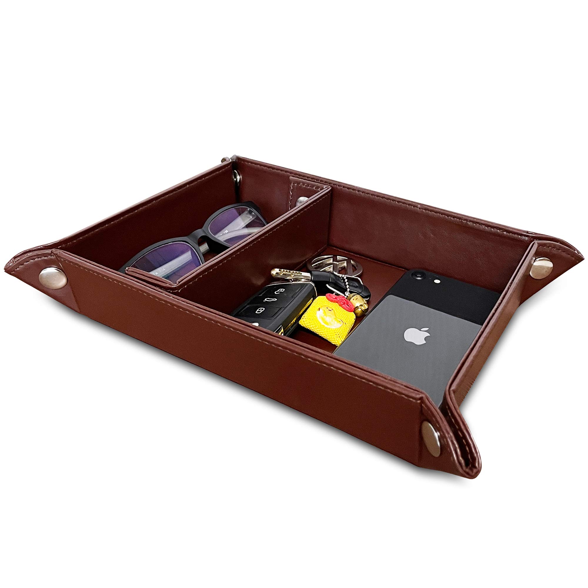 Premium PU Leather Nightstand Valet Organizer - Jewelry & Accessories Tray for Men & Women | Dresser Top Catchall for Keys, Wallet, Watch | Bedside Station & Desk Organizer for Home & Office Use