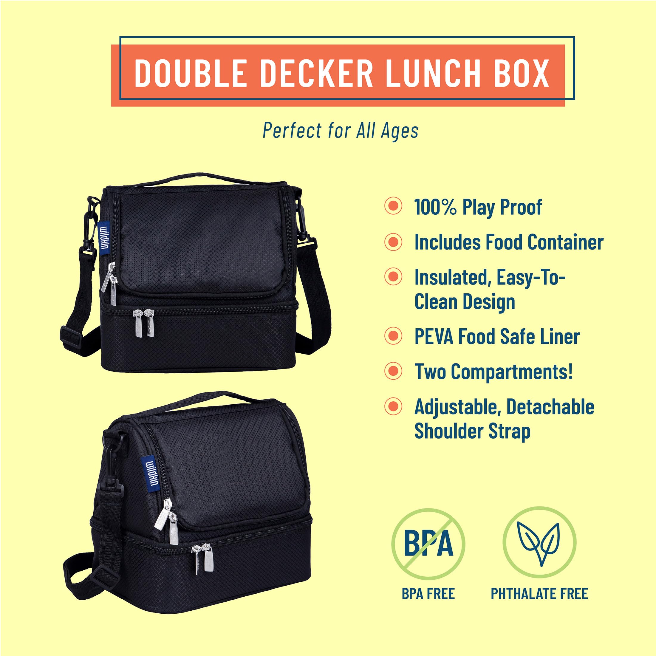 Wildkin Insulated Lunch Bag for Kids - 2 Compartment Thermal Lunch Box for School & Travel - Keeps Food Hot or Cold - Durable Rip-Stop Black Design - Perfect for Elementary Students, Picnics & Outdoor Activities