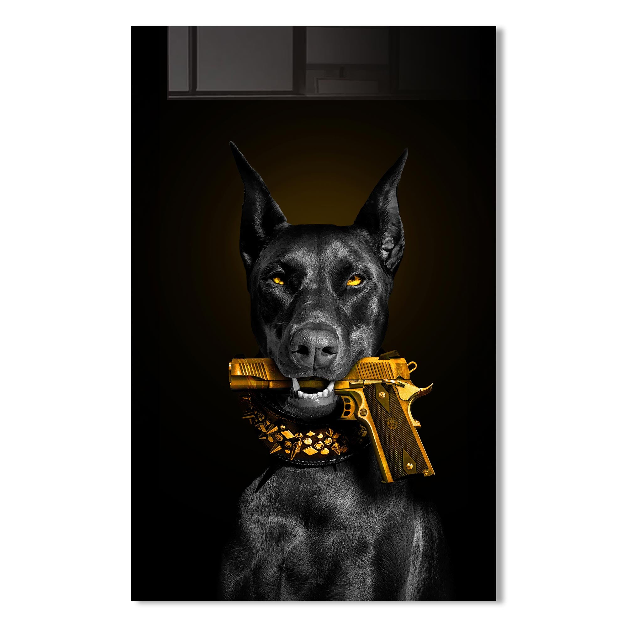 Doberman Gold Tempered Glass Wall Art - Elegant Home Decor for Living Room, Bedroom & Office - Shatterproof & Stylish