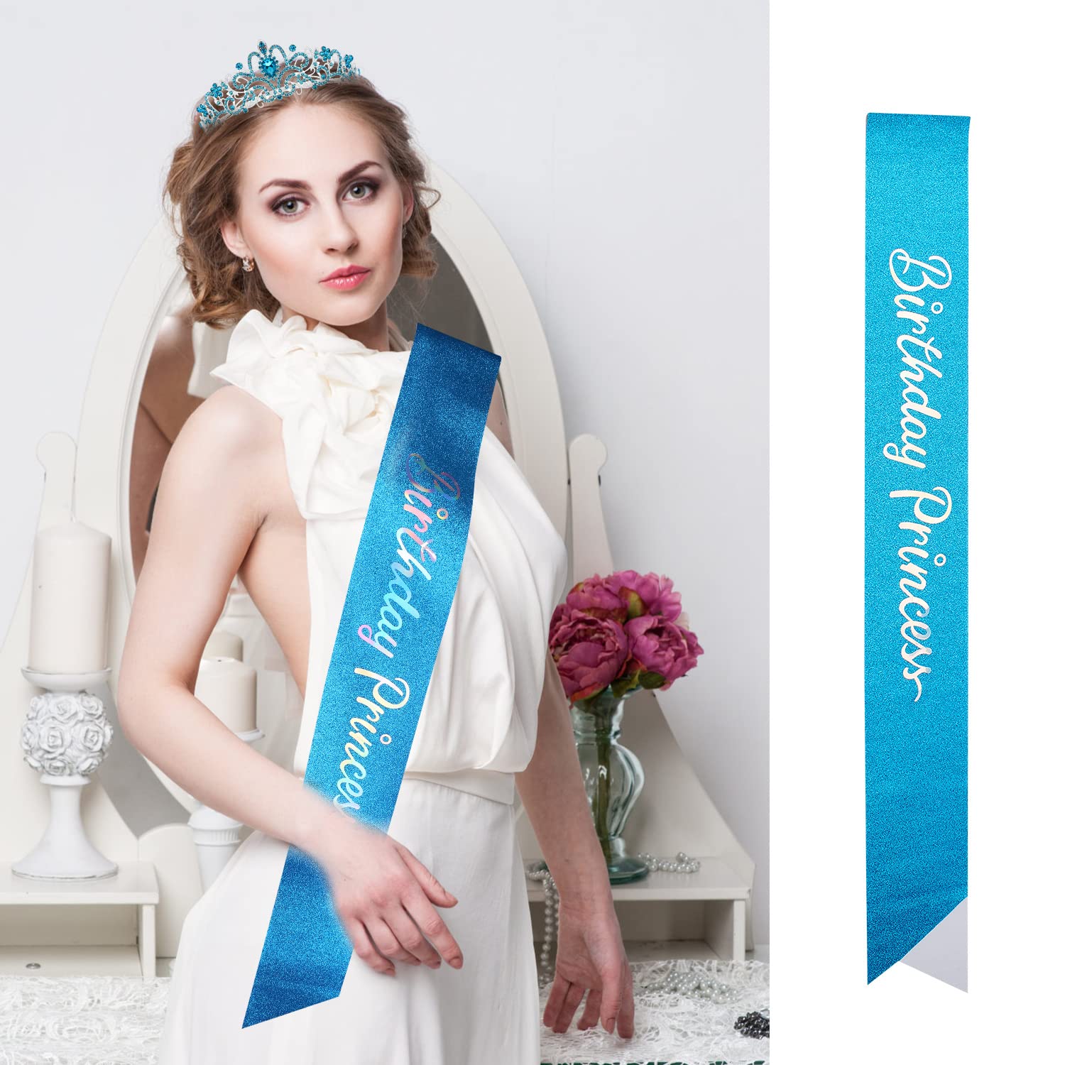 Birthday Girl Sash & Princess Tiara Set - Blue Crown for Girls Birthday Party, Happy Birthday Decorations & Accessories - Perfect for Birthday Celebrations, Princess Parties & Special Occasions