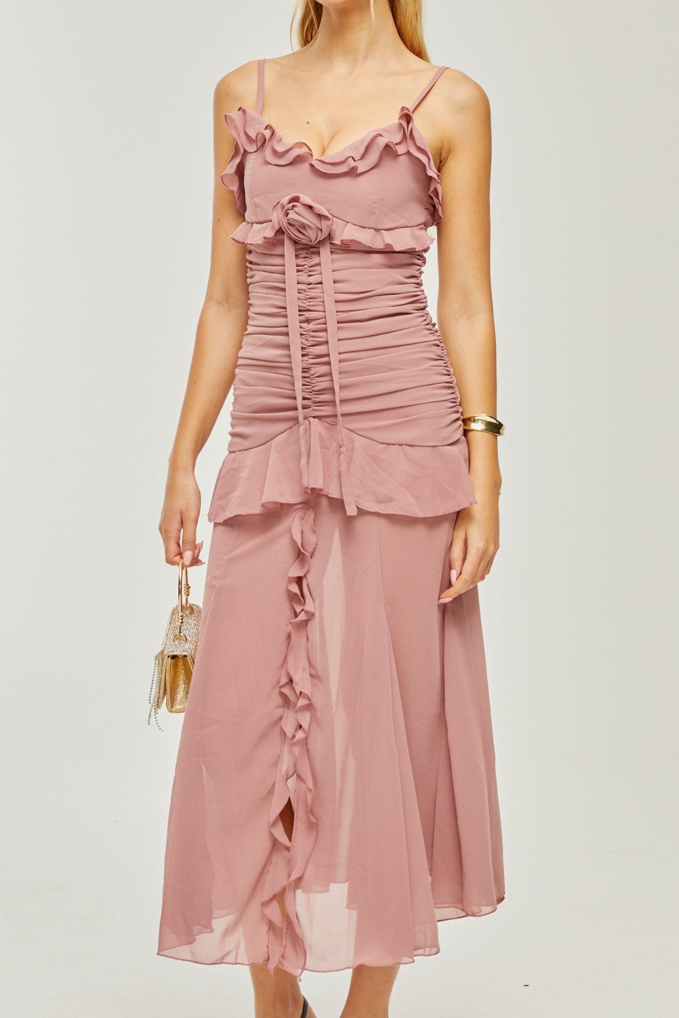 Geneviève Pleated Faux Flower Midi Dress - Elegant Floral Print Summer Dress for Women, Perfect for Weddings, Parties & Casual Outings