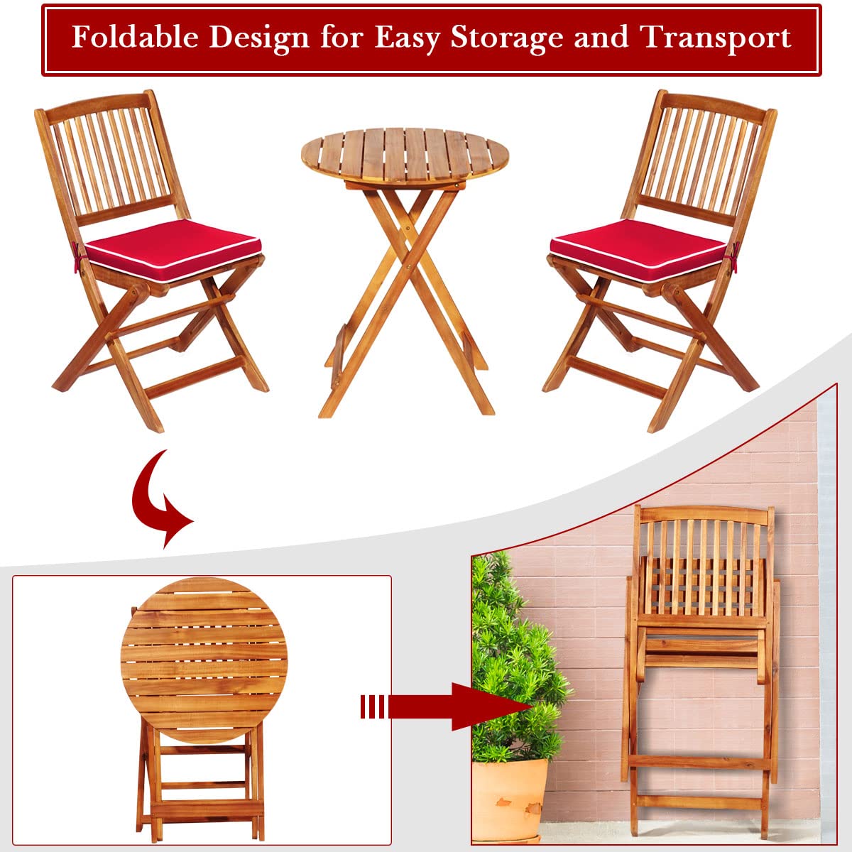 Tangkula 3-Piece Patio Folding Bistro Set - Acacia Wood Outdoor Dining Chairs with Padded Cushions & Round Coffee Table - Perfect for Garden, Poolside, Balcony, and Indoor Use (Red)