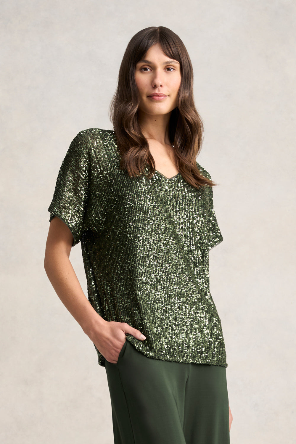 Sparkle & Shine: Women's Sequin T-Shirt in Khaki - Perfect for Parties, Night Out & Special Occasions