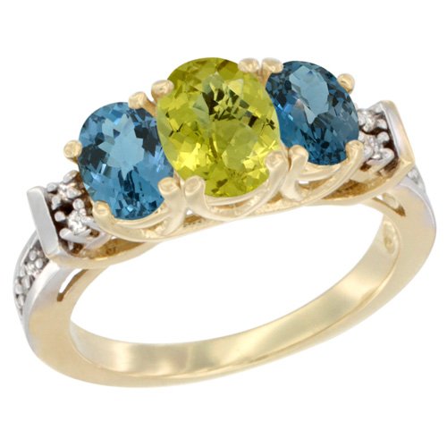 10K Yellow Gold Natural Lemon Quartz & London Blue Topaz 3-Stone Ring with Oval Diamond Accents - Elegant Wedding, Engagement & Anniversary Jewelry Gift for Women
