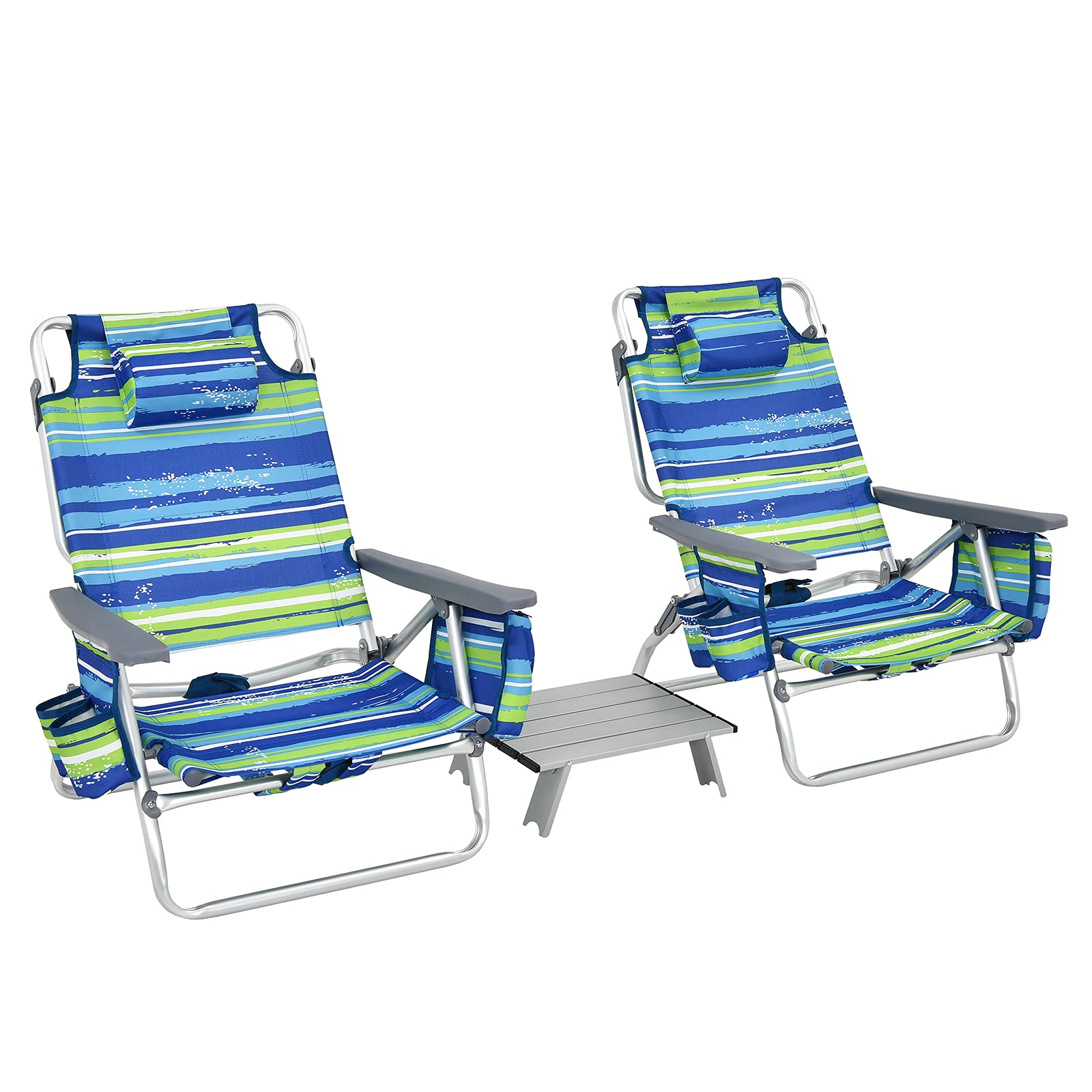 Goplus 3-Piece Portable Backpack Beach Chair Set with Cooler Bag, Cup Holder & Side Table - 5-Position Reclining Camping Chairs for Sunbathing, Fishing, Travel, Picnics & Outdoor Adventures (Blue & Green)