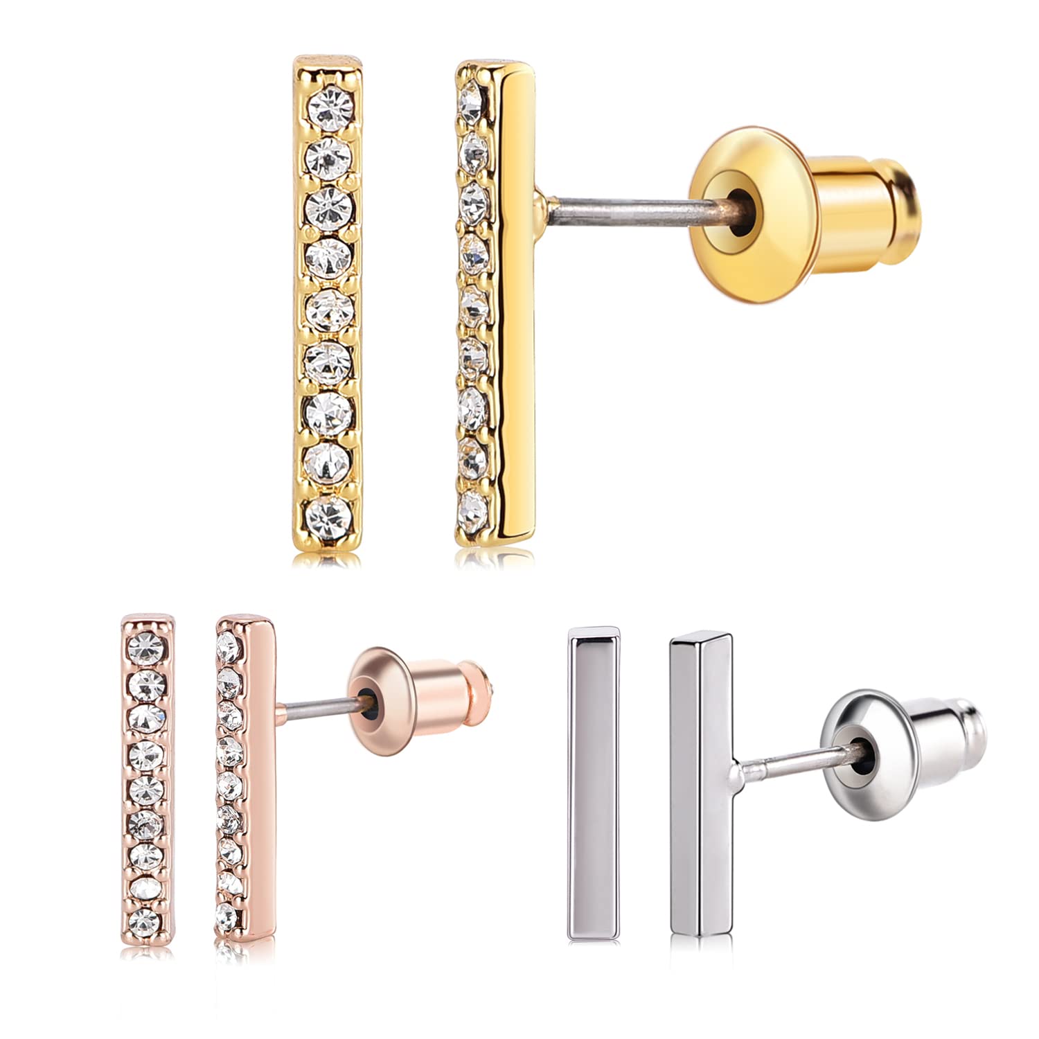 CCSKY 3-Pairs Brass Small Bar Post Earrings Set - Multi Plated Elegant Jewelry Gift for Women & Girls | Perfect for Parties, Weddings & Daily Wear