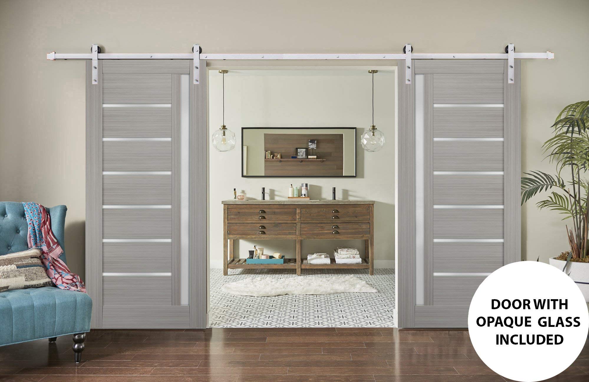 Sturdy 48x96 Inch Double Barn Door with Frosted Glass - Quadro 4088 Grey Ash Finish | 13ft Stainless Steel Rail Hangers | Heavy Duty Solid Panel Interior Doors for Bedroom, Closet, or Living Room Partition