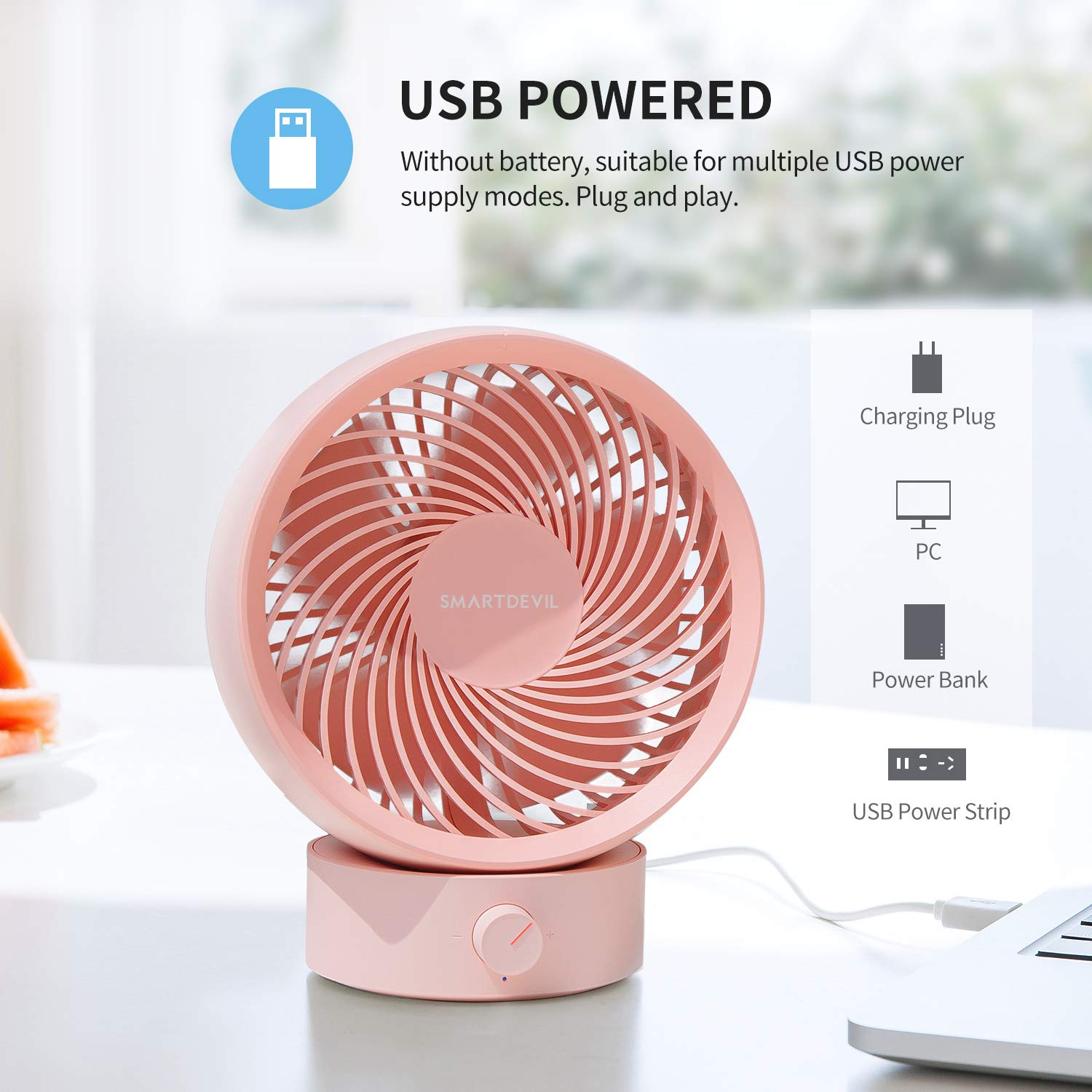 SmartDevil USB Desk Fan - Mini Quiet Portable Fan with Adjustable 20° Tilt & Stepless Speed Control - Low Noise USB Fan for Office, Home, Travel (Pink) - Perfect for Work Desks, Bedside Tables & Dorm Rooms