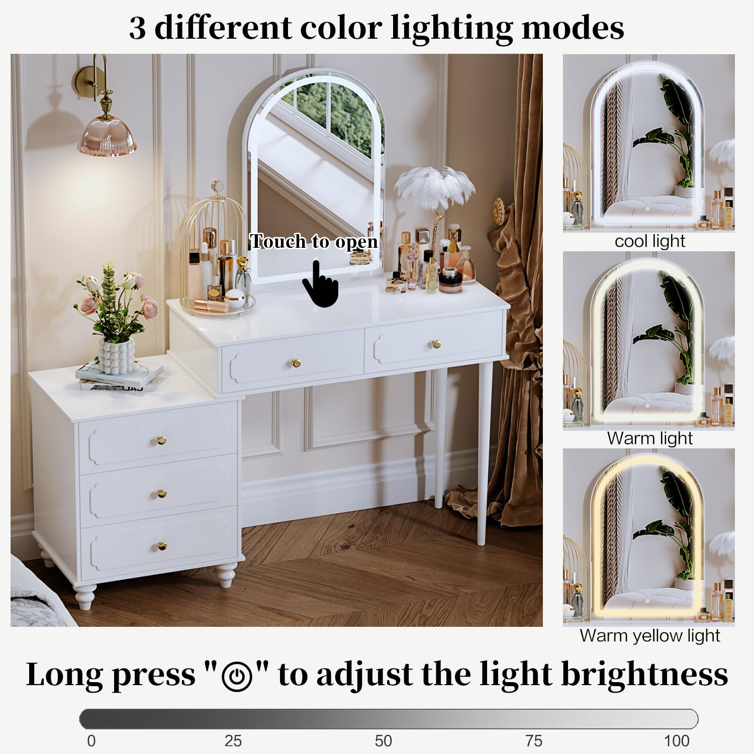 YYJ Vanity Desk with Mirror & LED Lights, Modern Makeup Table with Power Outlet, Adjustable Storage Cabinet & 3 Drawers - White Writing Desk for Bedroom, Dressing Room or Home Office