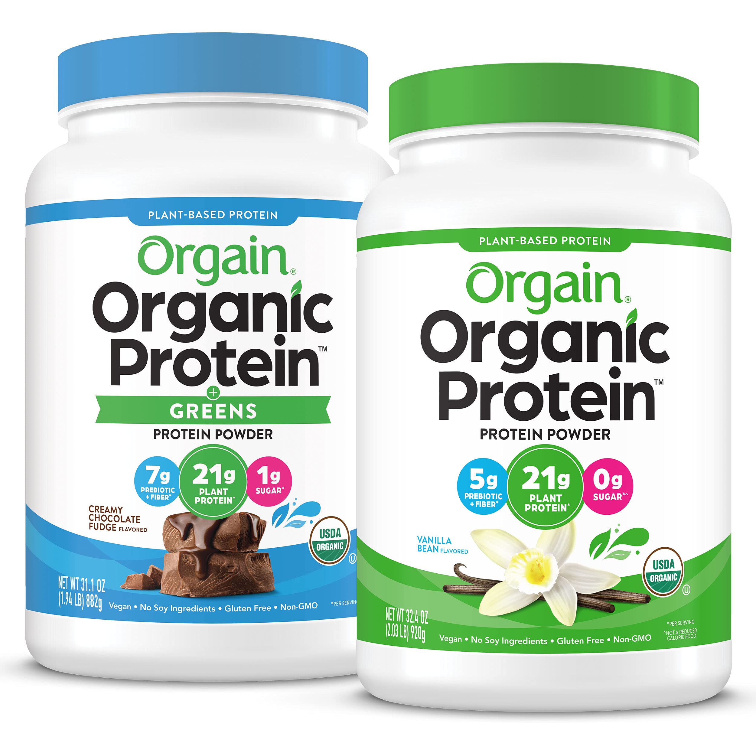 Orgain Organic Vegan Protein Powder + Greens Bundle - Creamy Chocolate Fudge (1.94lb) & Peanut Butter (2.03lb) | Plant-Based Protein Supplement for Smoothies, Baking & Post-Workout Recovery