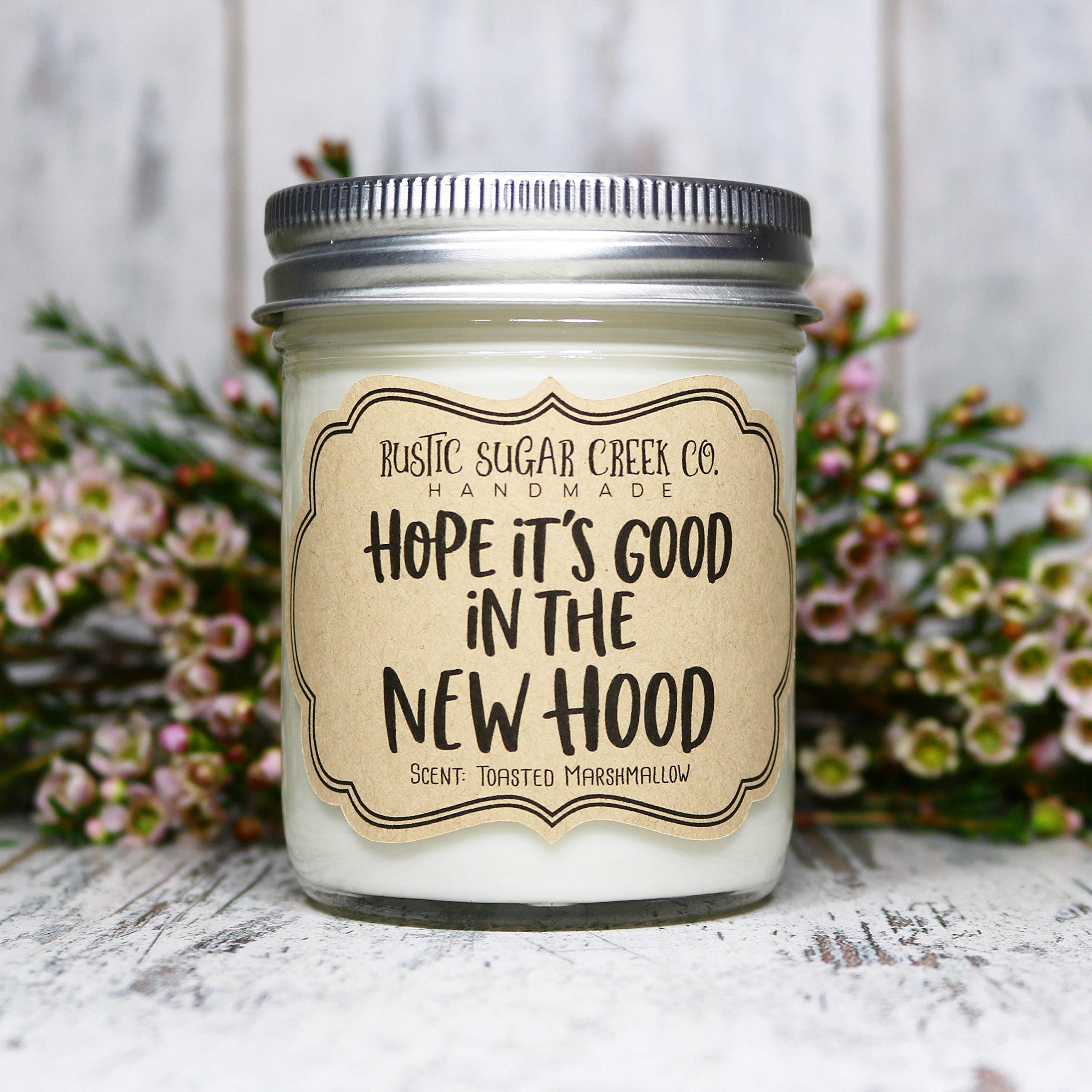 Hope It’s Good In The New Hood Scented Candle - Soy Wax Home Fragrance, Housewarming Gift for New Homeowners, Moving In Present, Warm Welcome Gift for New House - Perfect for Living Room, Bedroom & Housewarming Parties