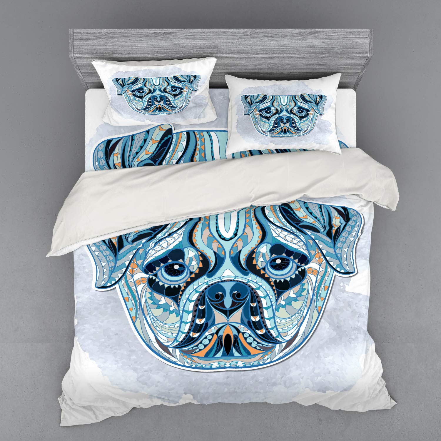 Ambesonne Pug Dog Duvet Cover Set - Geometric Pattern King Size 4-Piece Bedding with Shams & Fitted Sheet in Light Blue - Perfect for Pet Lovers' Bedroom Decor