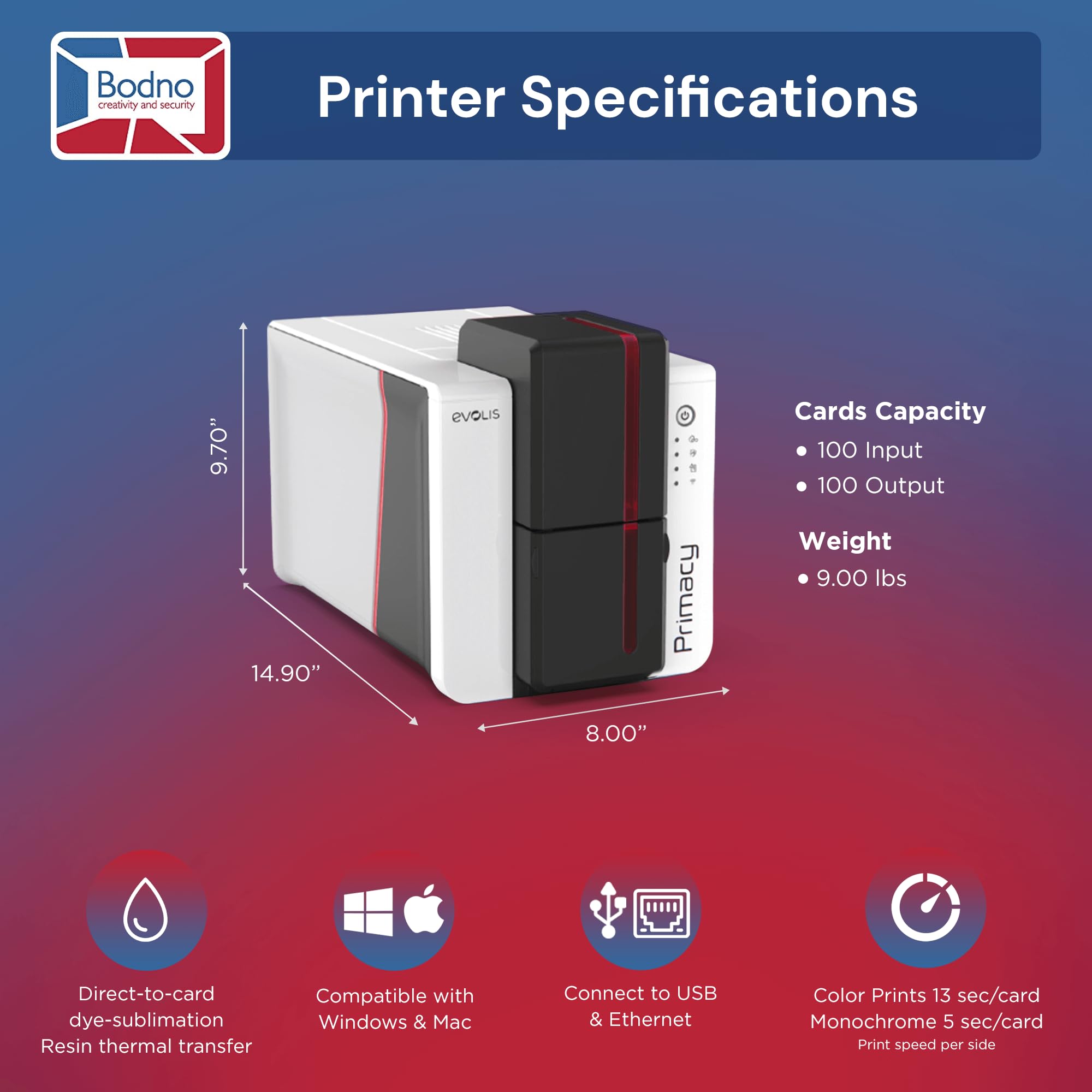 Bodno Evolis Primacy 2 Single-Sided ID Card Printer with Complete Supplies Kit - Bronze Edition ID Software for Office Security & Employee Badge Printing