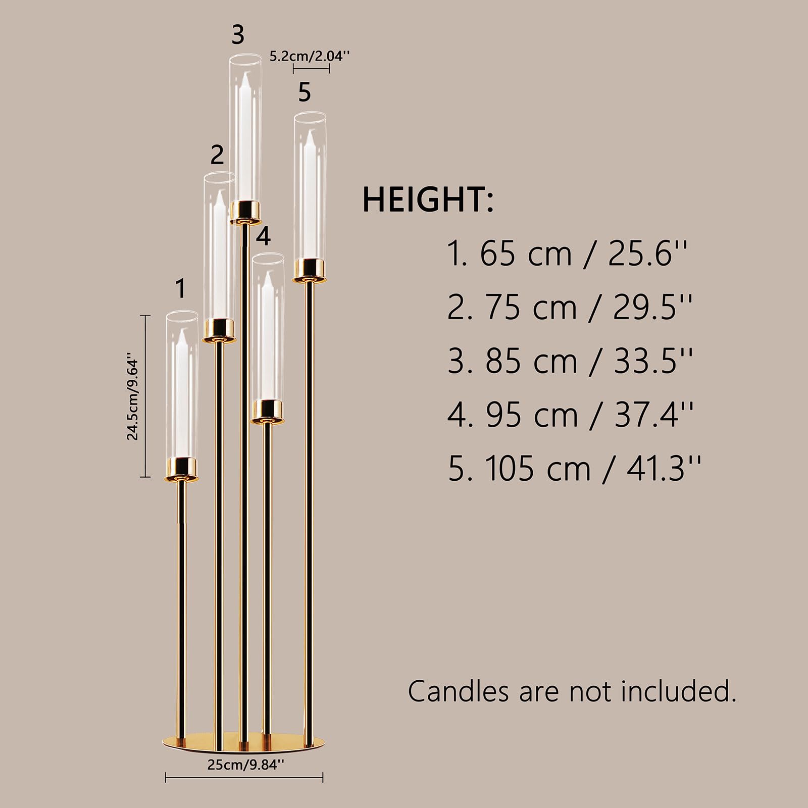 5-Arm Gold Candelabra with Glass Cylinders for Real Candles - Elegant Metal Candle Holder for Wedding, Party & Home Decor - Large Centerpiece (Set of 2) - Perfect for Dining Table, Mantel Decor and Special Events
