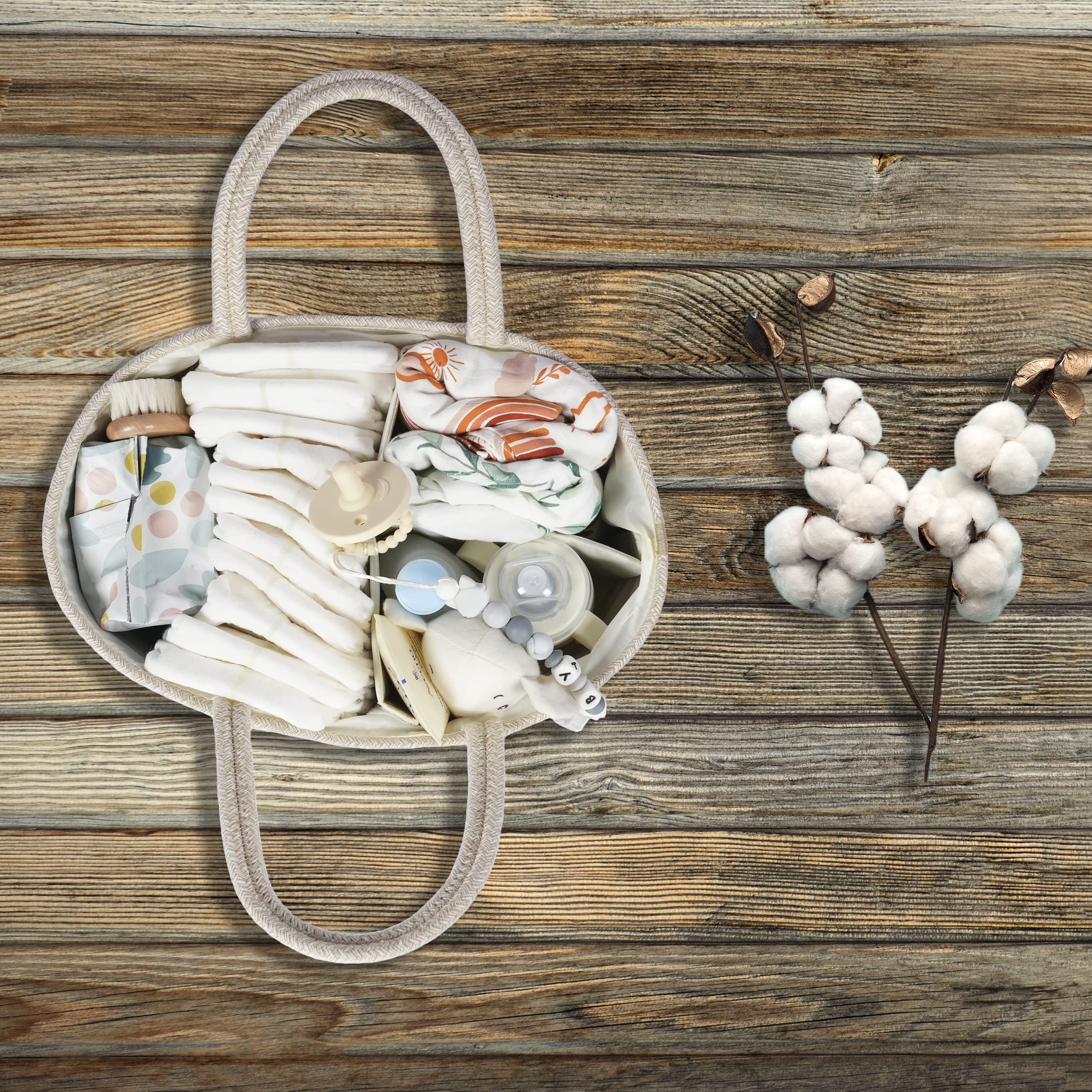 Baby Diaper Caddy Organizer - Cotton Rope Storage Bin Basket for Nursery, Changing Table & Travel - Portable Diaper Holder Tote for Boys & Girls - Perfect Baby Shower Gift & Newborn Registry Must-Have - Great for Home, Car & On-the-Go Parenting