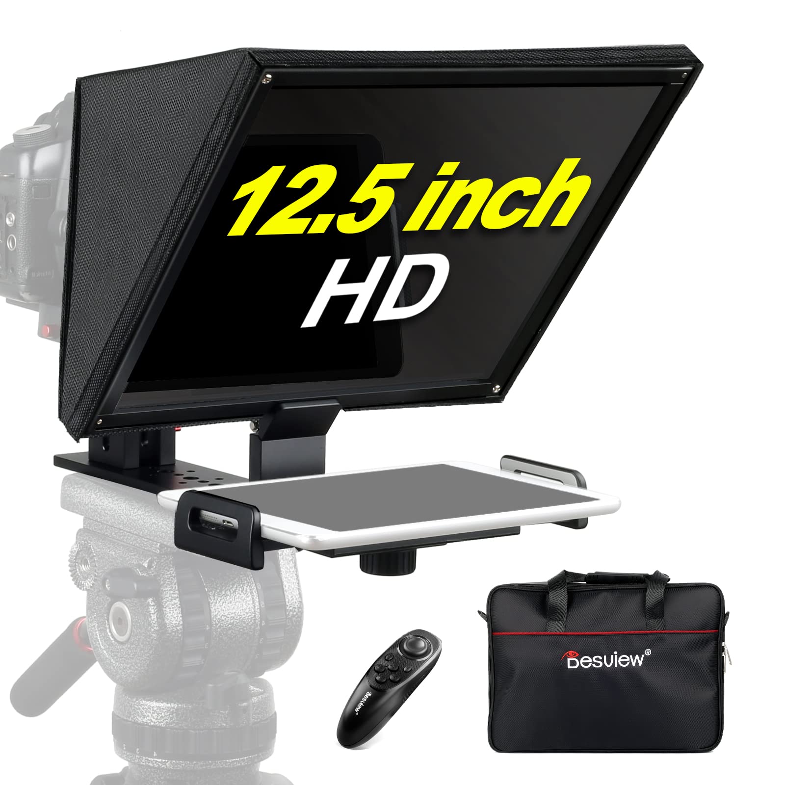 Desview T12 12.5'' Professional Teleprompter with High-Resolution Glass Display, Adjustable Lift Stand & Wireless Remote - Metal Body DSLR/Camcorder/iPad Compatible Video Prompter (Includes Carrying Case) - Perfect for YouTube Videos, Live Streaming & Professional Presentations