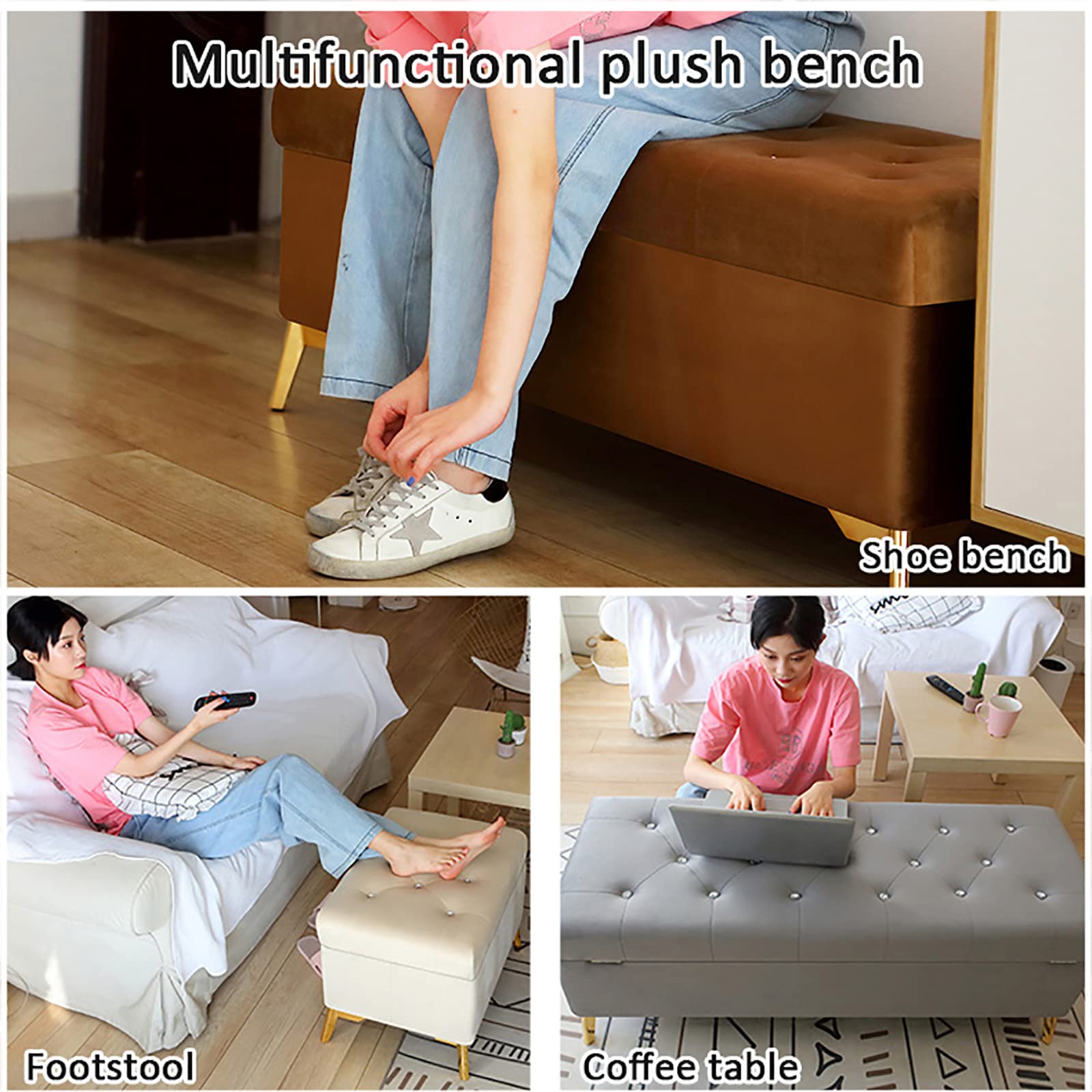 Luxury Velvet Storage Ottoman Bench with Crystal Buttons - Tufted Foot Rest, Lift Top Shoe Bench for Bedroom, Entryway & Living Room - Modern Upholstered Storage Seat with Lift Top for Shoes, Blankets & Home Decor