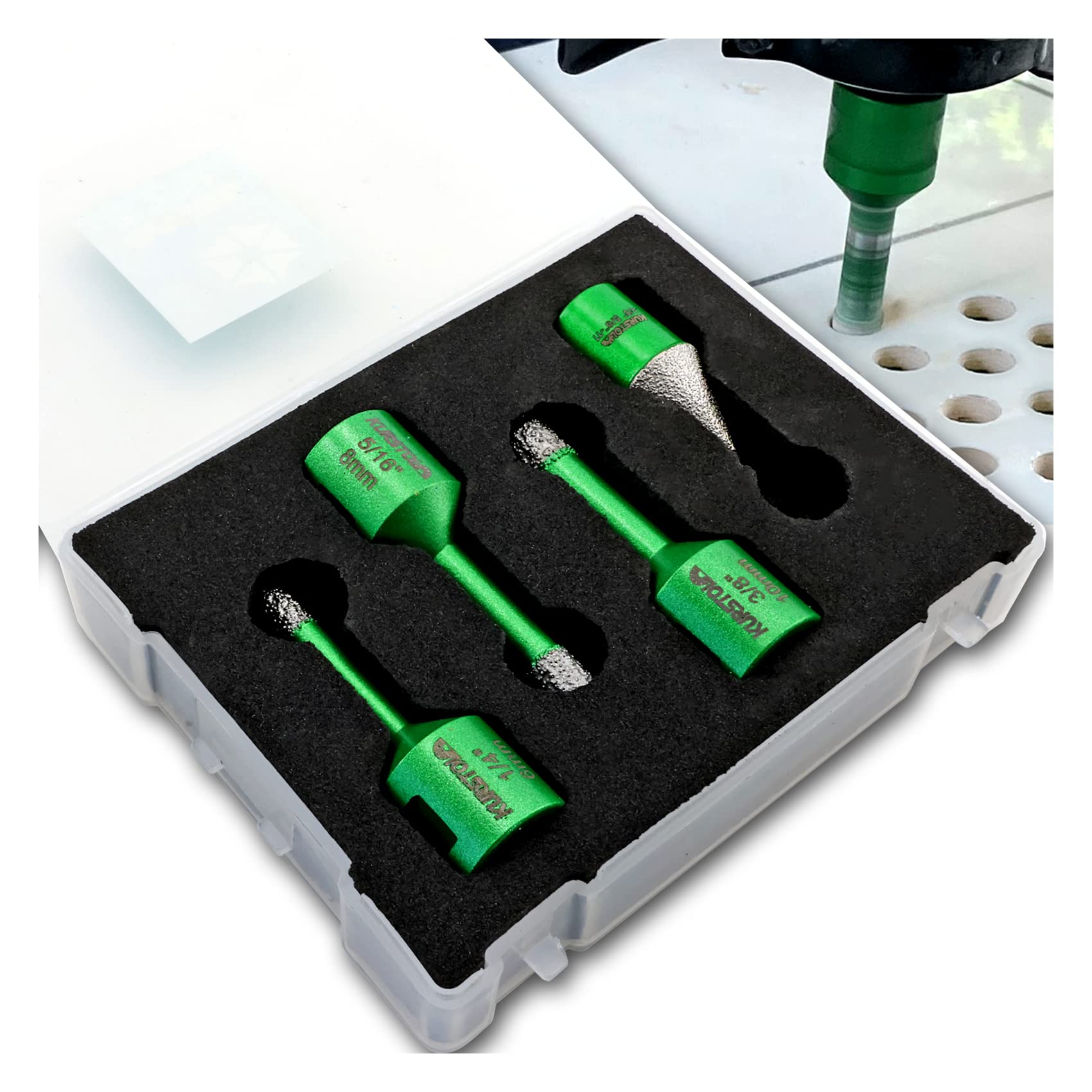 Diamond Hole Saw Kit - 3pc 6/8/10mm Diamond Core Drill Bits & 1pc 4/5