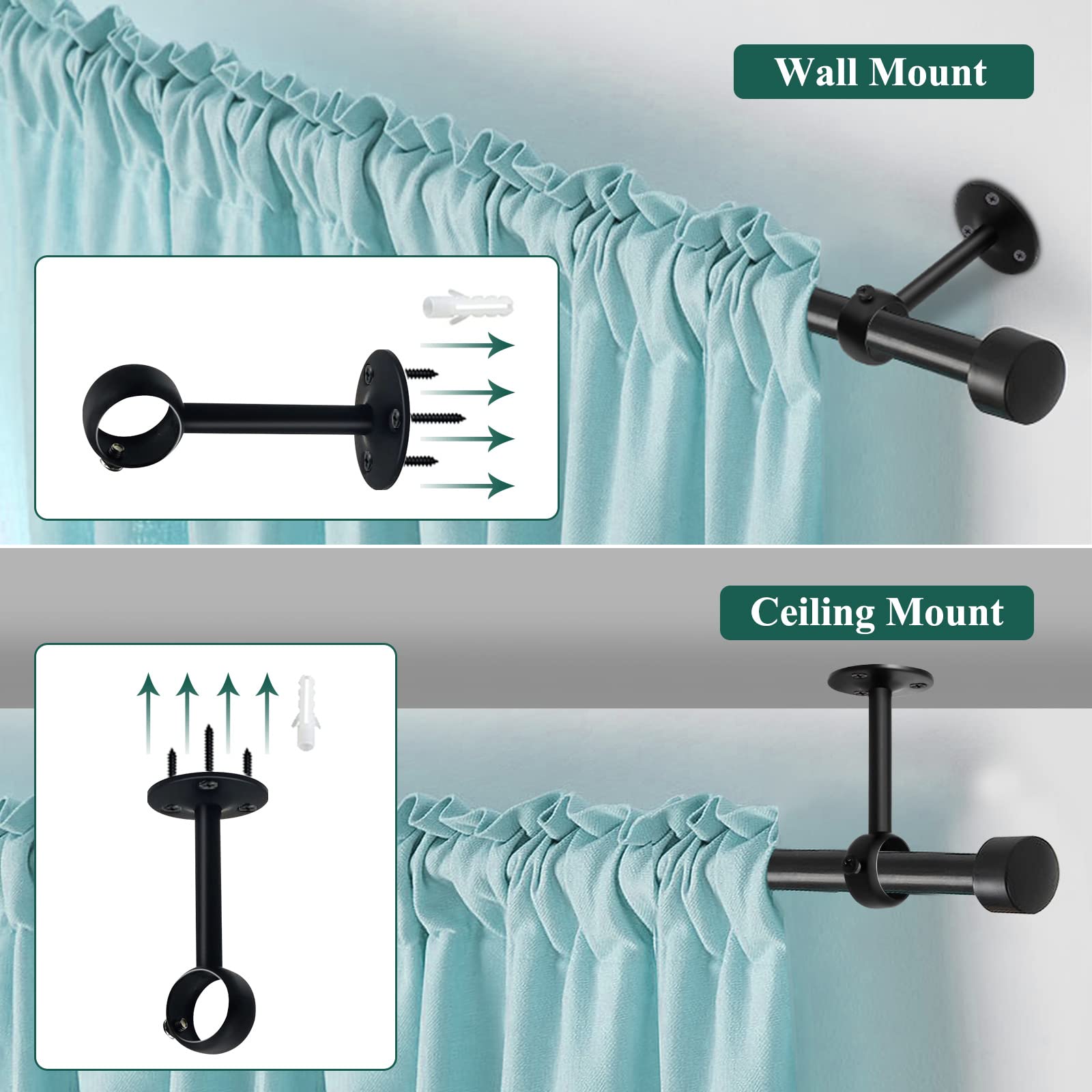 Heavy Duty 1 Inch Black Ceiling Mount Curtain Rod Brackets - 10 Pack for Living Room, Bedroom & Home Theater Installation