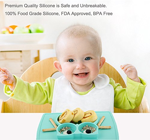 Non-Slip Silicone Divided Toddler Plates with Suction - BPA Free Baby Dinner Plates for Kids & Babies | Portable, Durable & Easy to Clean | Perfect for High Chairs, Travel & Messy Eaters (Owl-Cyan)