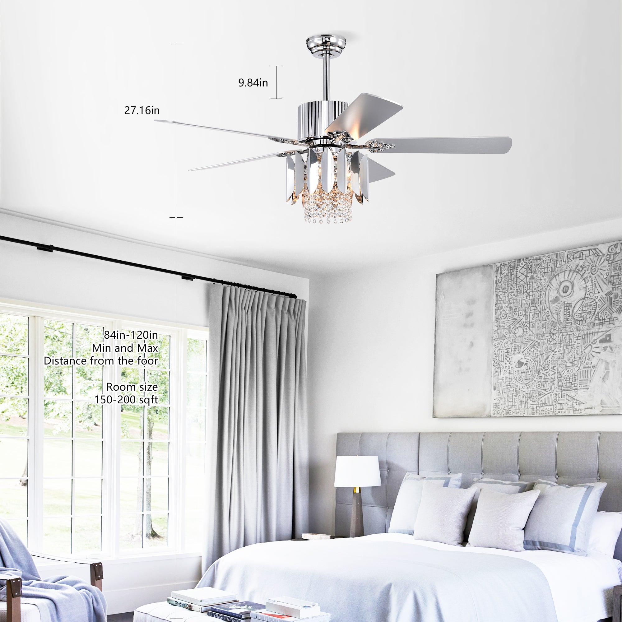 Crystal Ceiling Fan with Reversible Blades, 3 Wind Speeds & Remote Control - Perfect for Bedroom, Living Room & Dining Room (Chrome Finish) | Modern Cooling Solution for Home Comfort