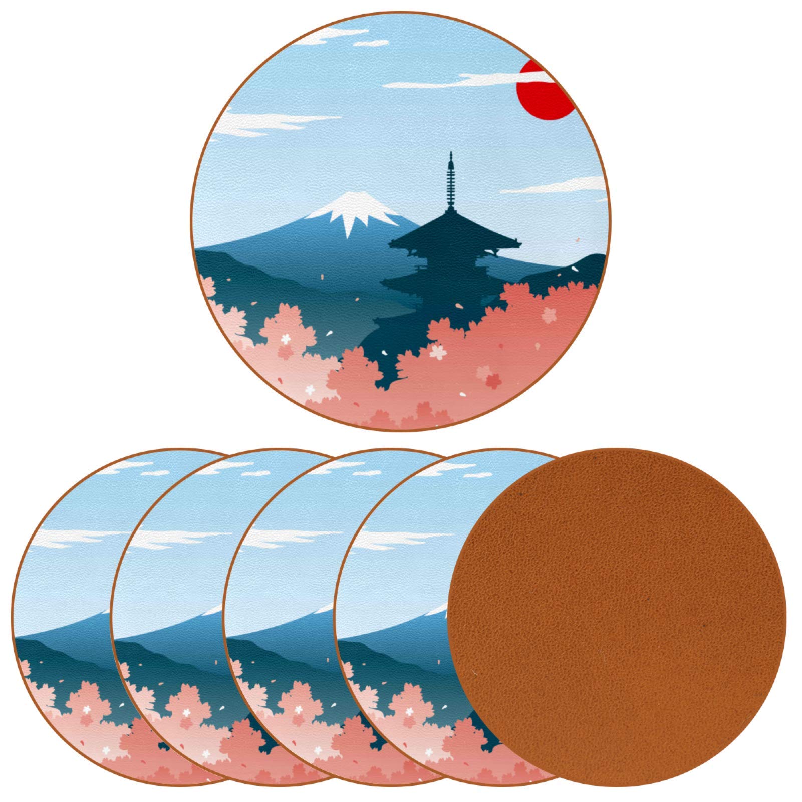 Set of 6 Japanese Plum Blossom Print Drink Coasters - Wooden & Glass Table Protectors for Cups, Mugs, Coffee & Wine - Elegant Housewarming Gift for Home, Office & Restaurant Use