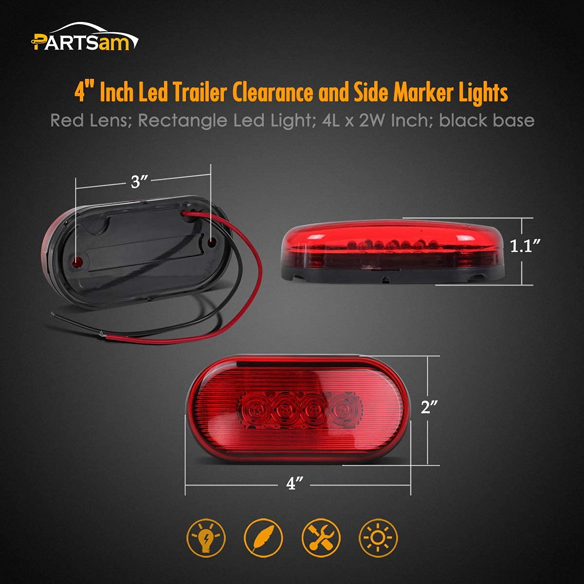 Partsam 6Pcs 4 Inch RV Clearance Marker Lights - Red LED Surface Mount with 10 Diodes, Waterproof Black Base for Trucks, Trailers, Boats | Durable 2x6 Inch Rectangular Lights for Night Safety & Vehicle Visibility