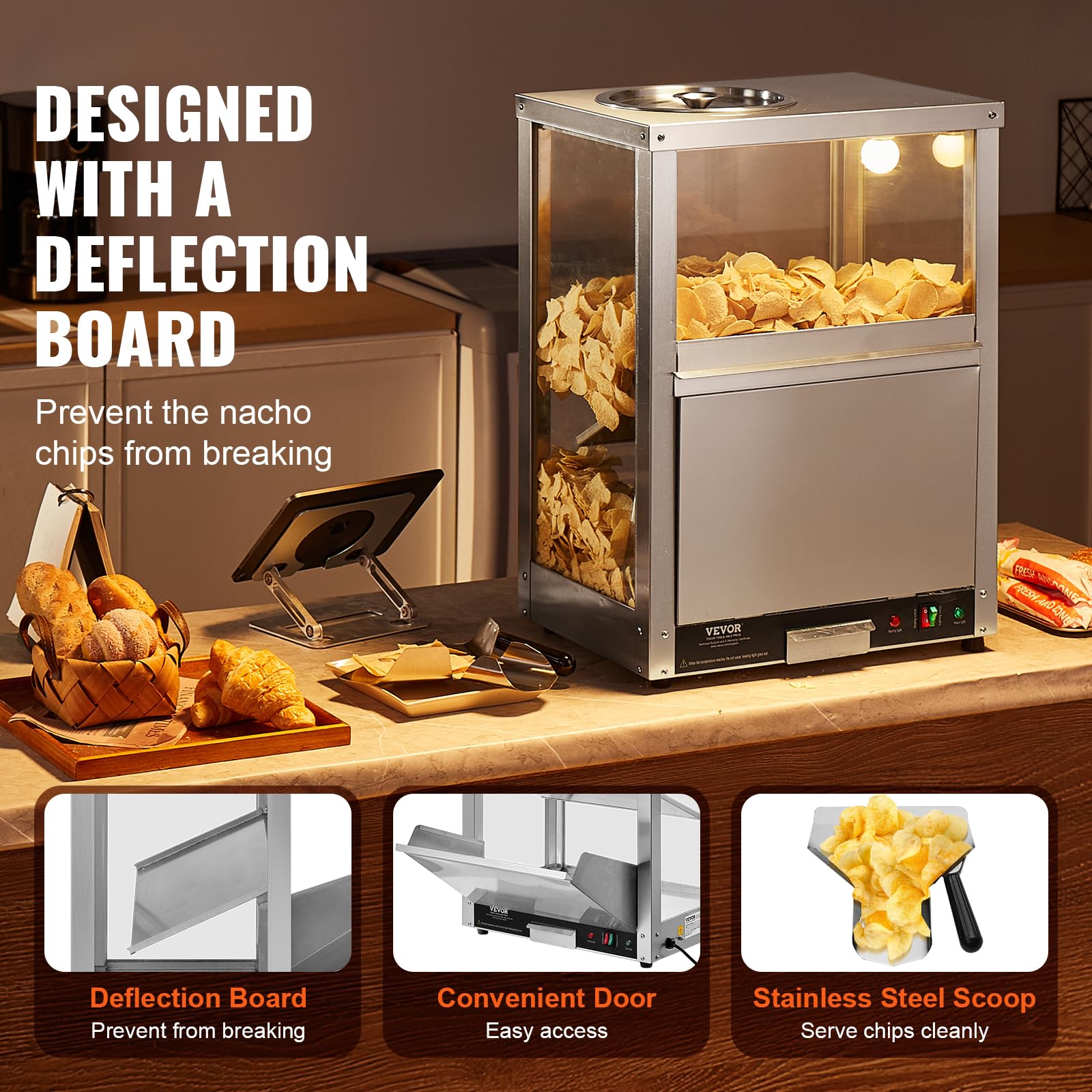 VEVOR 84.5QT Commercial Nacho Cheese Warmer with Warming Light & Deflection Board - Stainless Steel Food Warmer for Nachos, Popcorn, Potato Chips, Peanuts - Perfect for Movie Theaters, Restaurants, and Snack Bars