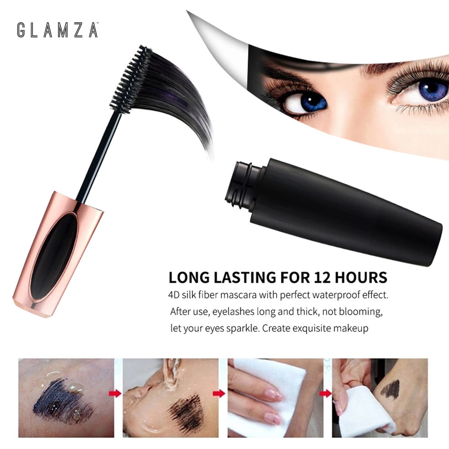 4D Silk Fiber Mascara 3-Pack - GLAMZA Volumizing & Lengthening Waterproof Mascara for Long Thick Lashes - Smudge Proof Black Mascara for Day & Night Wear - Perfect for Weddings, Parties & Everyday Glam