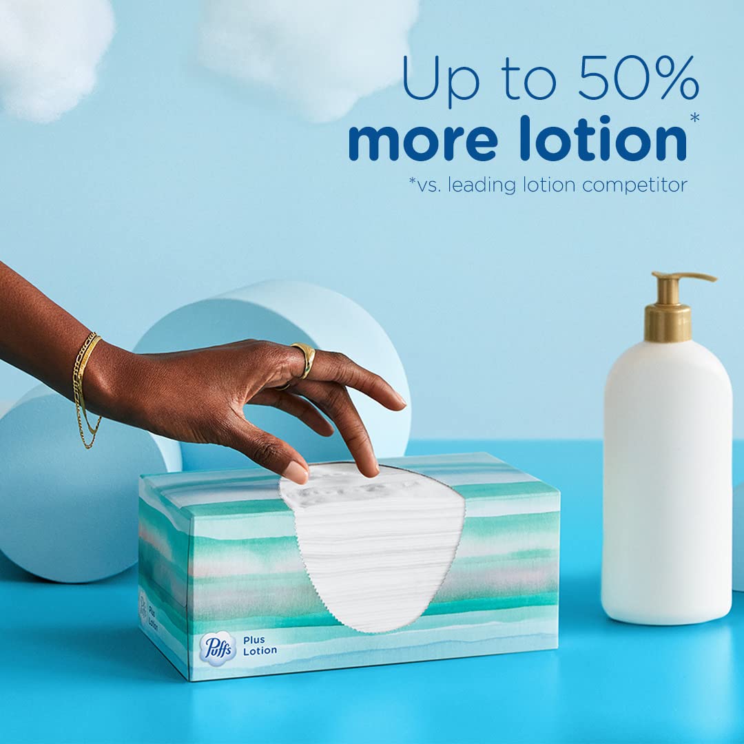 Puffs Plus Lotion Facial Tissues - Ultra Soft & Hypoallergenic, 56 Tissues per Box (4 Cube Boxes Pack) - Perfect for Home, Office & Travel Use