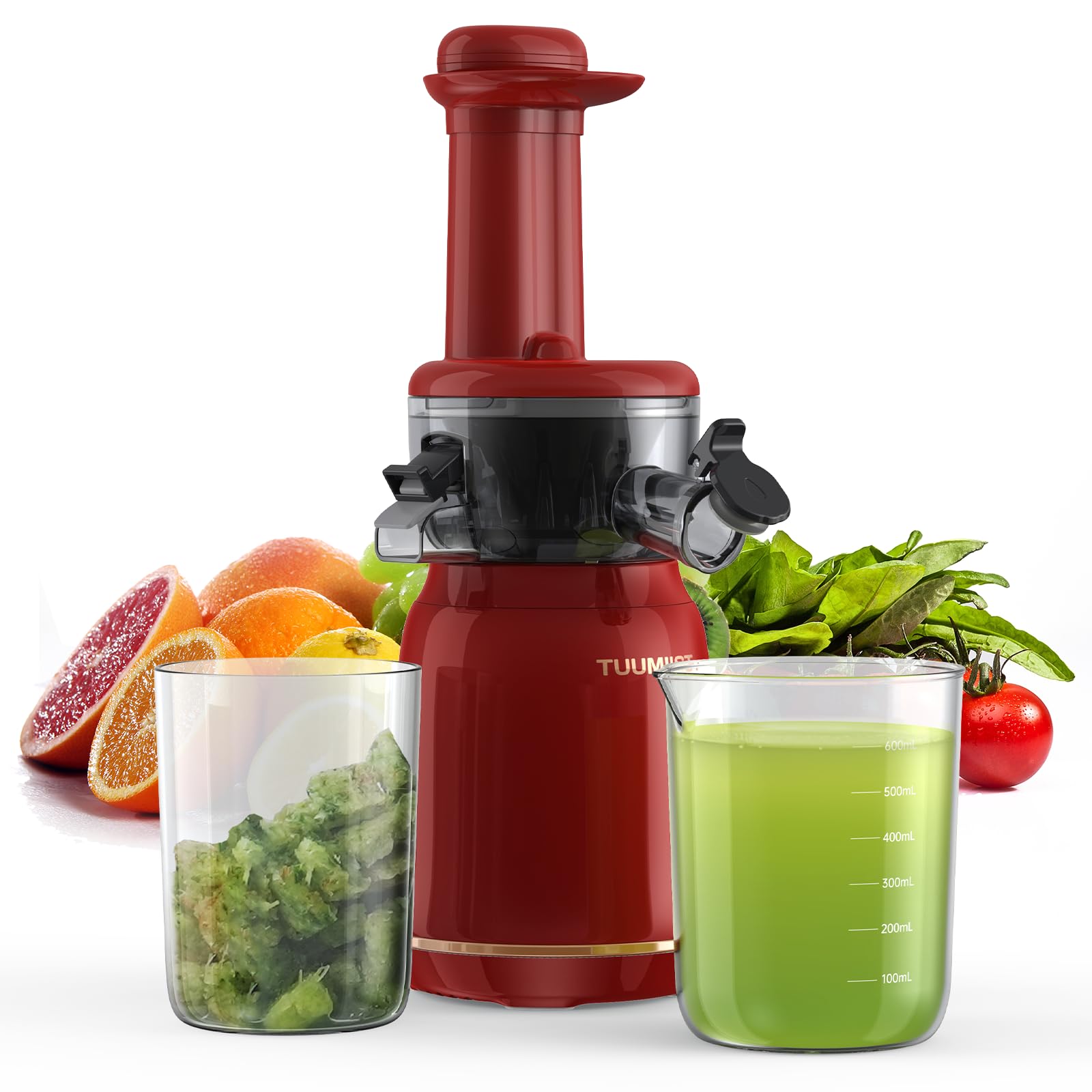 Premium Cold Press Juicer Machine - Slow Masticating Juicer for Fruits & Vegetables with Upgraded 80 RPM Technology, Powerful Motor & Reverse Function - Compact Countertop Design - Perfect for Healthy Juicing, Detox Drinks & Raw Food Diets (Red)