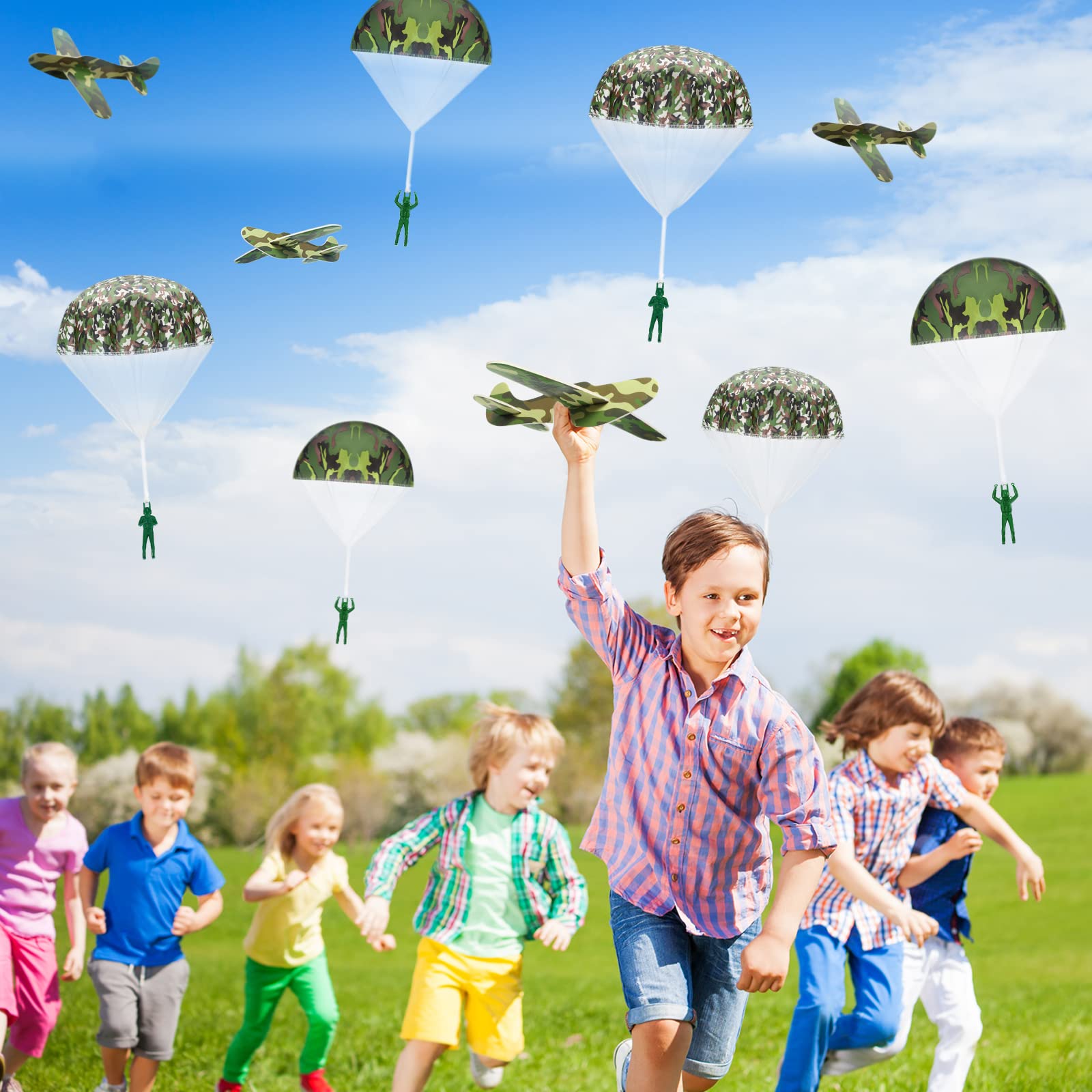 Jerify 10-Piece Parachute Army Men Toys & 10 Camouflage Foam Airplanes Set - Bulk Camo Glider Planes & Parachute Soldiers for Outdoor Play, Birthday Gifts, Kids Party Favors, and Backyard Fun Activities